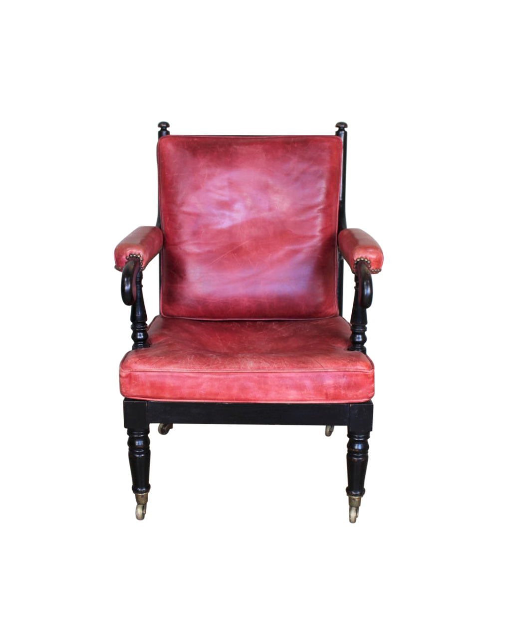 19th Century Ebonized English Bobbin Arm Chairs in Red Leather