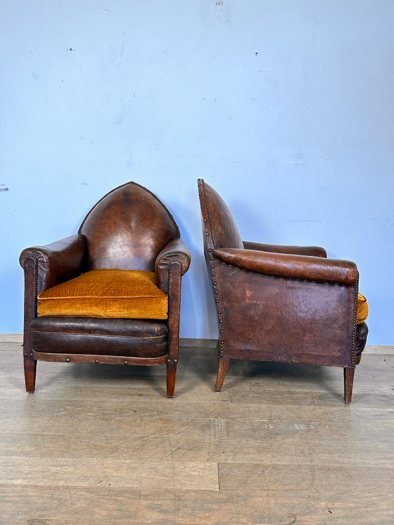 French "Gothic" Leather Club Chairs