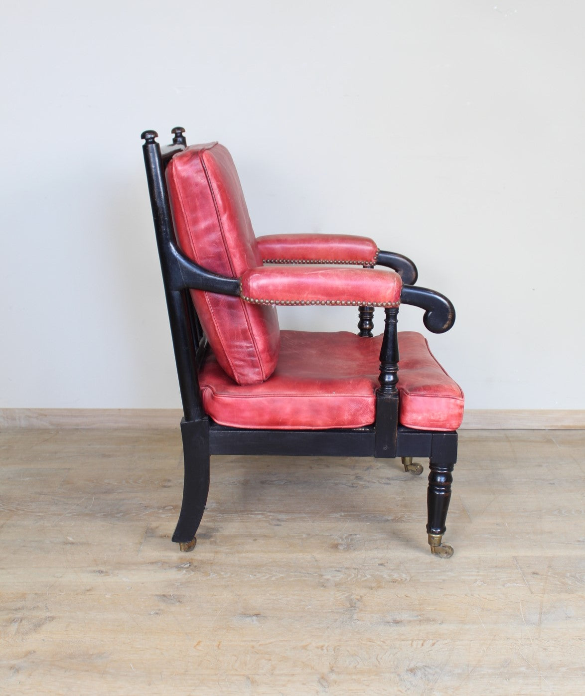 19th Century Ebonized English Bobbin Arm Chairs in Red Leather