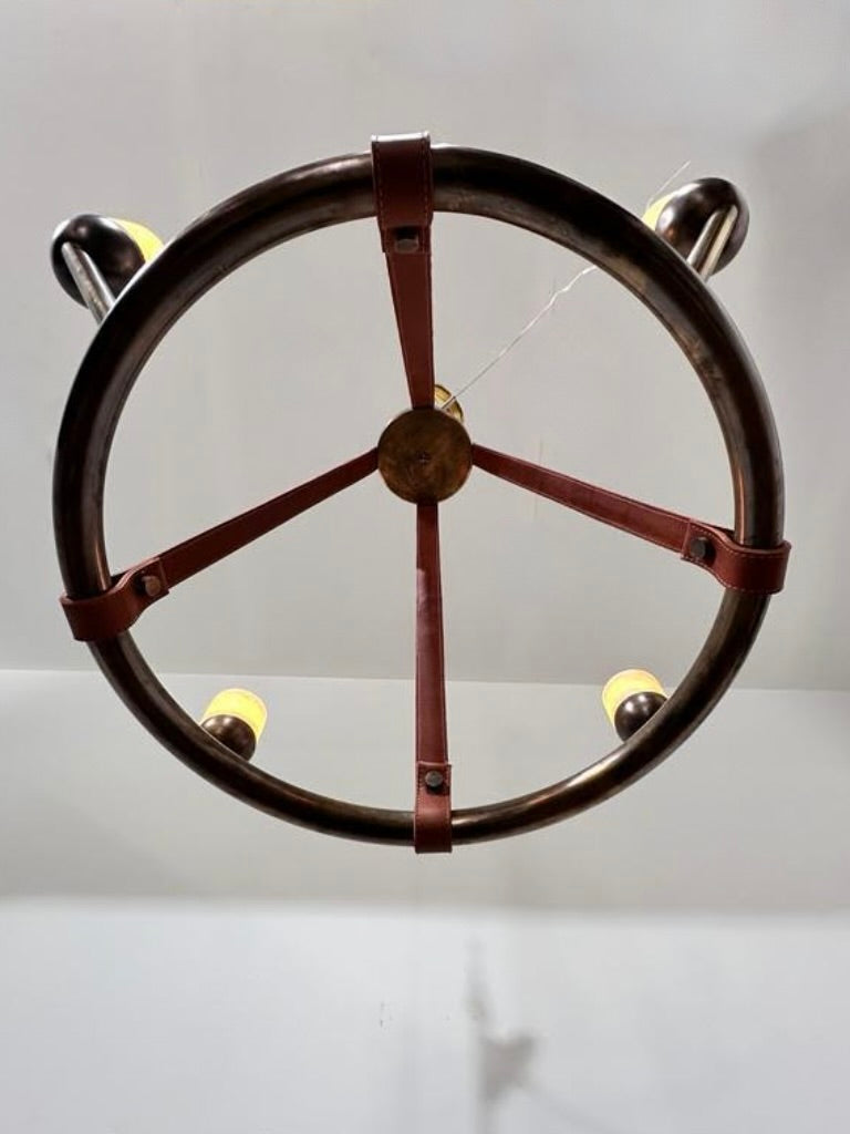 Limited Edition Bronze and Saddle Leather Loos Chandelier (4) Light