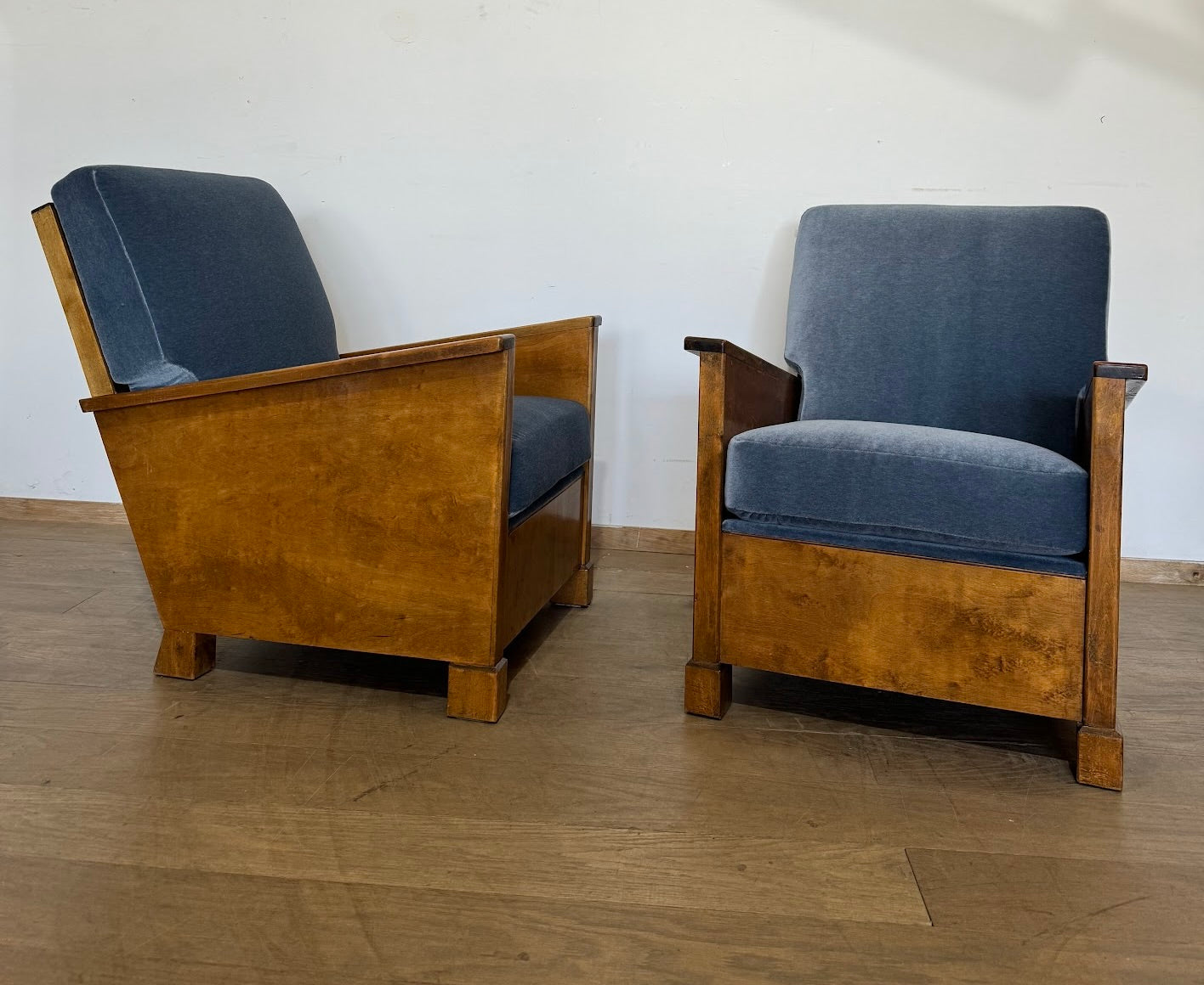 Pair of Swedish 1930's Burl Wood  Arm Chair in Italian Mohair