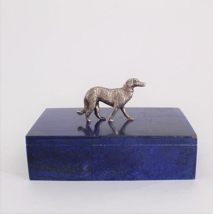 Modern Lapis Lazuli Box with Silver Dog Handle