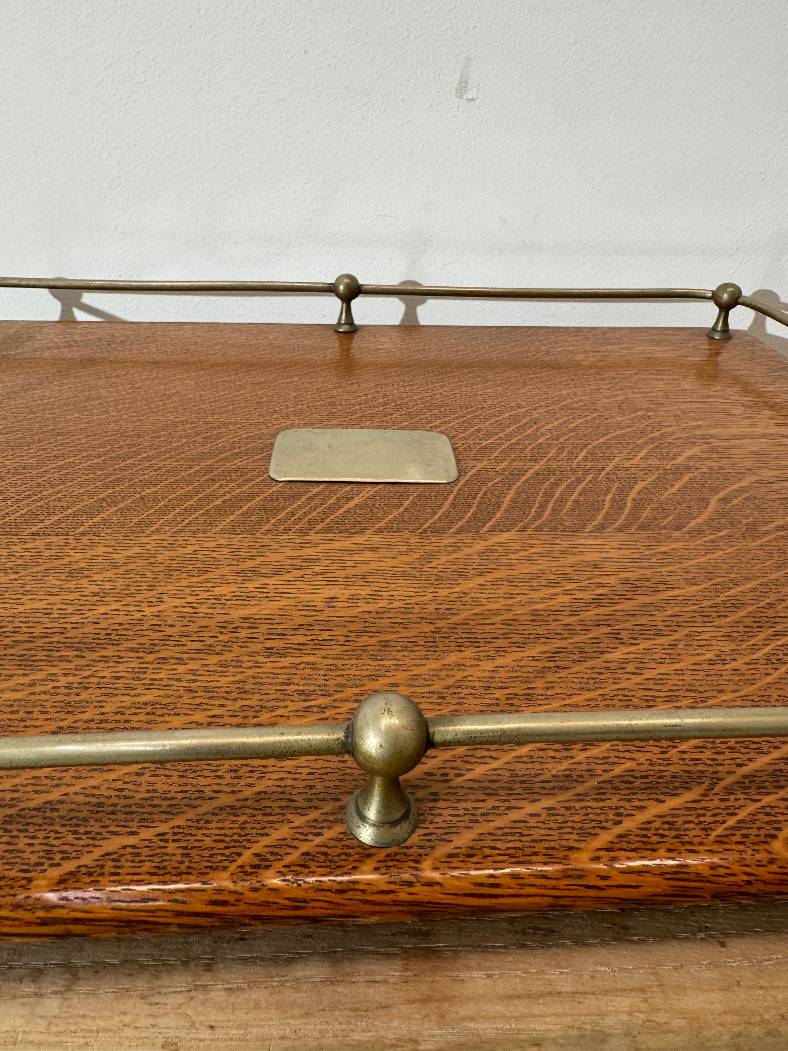 Antique English Quarter Sewn Oak and Silver Plate Serving Tray