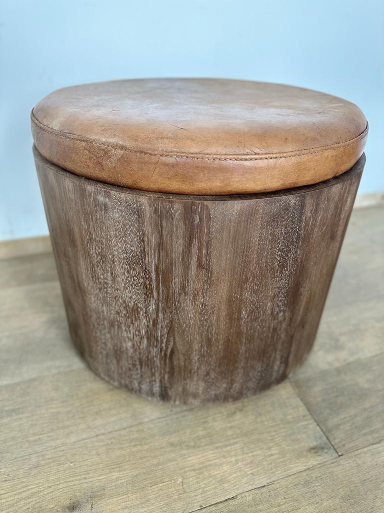 Lucca Studio Douglas Oak and Leather Top Ottoman/Stool