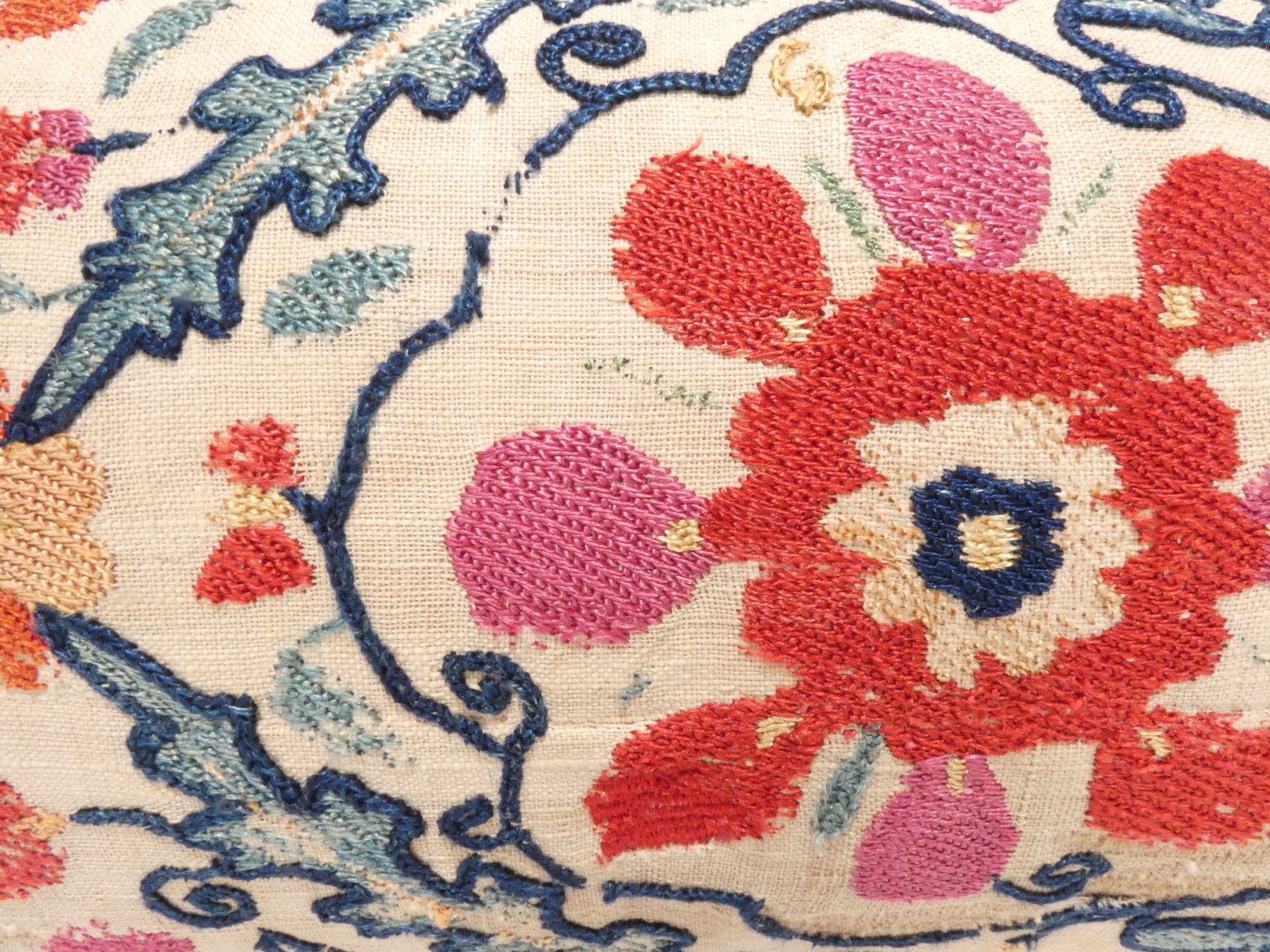 18th Century Turkish Silk Embroidery Lumbar Pillow