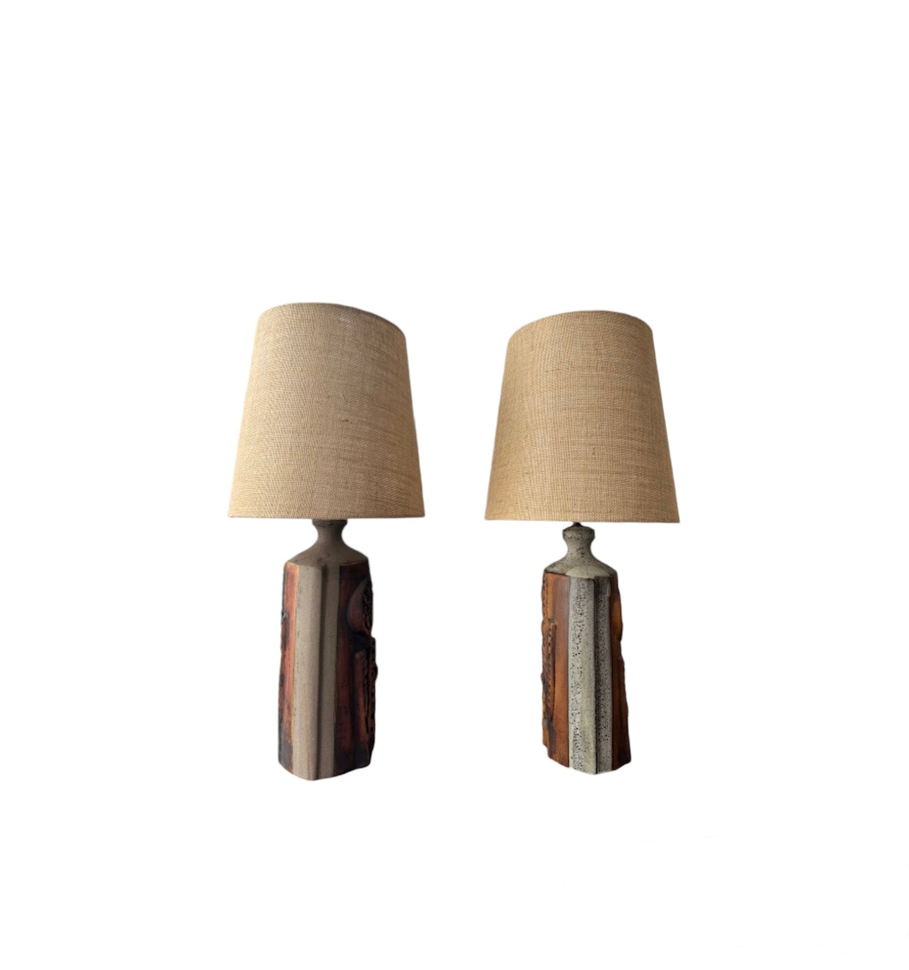 Pair of Studio Ceramic Lamps with Custom Burlap Shades