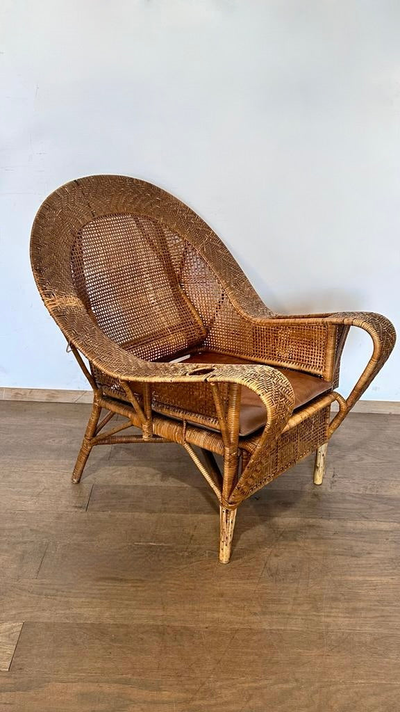 French Rattan Arm Chair with Leather Seat Cushion