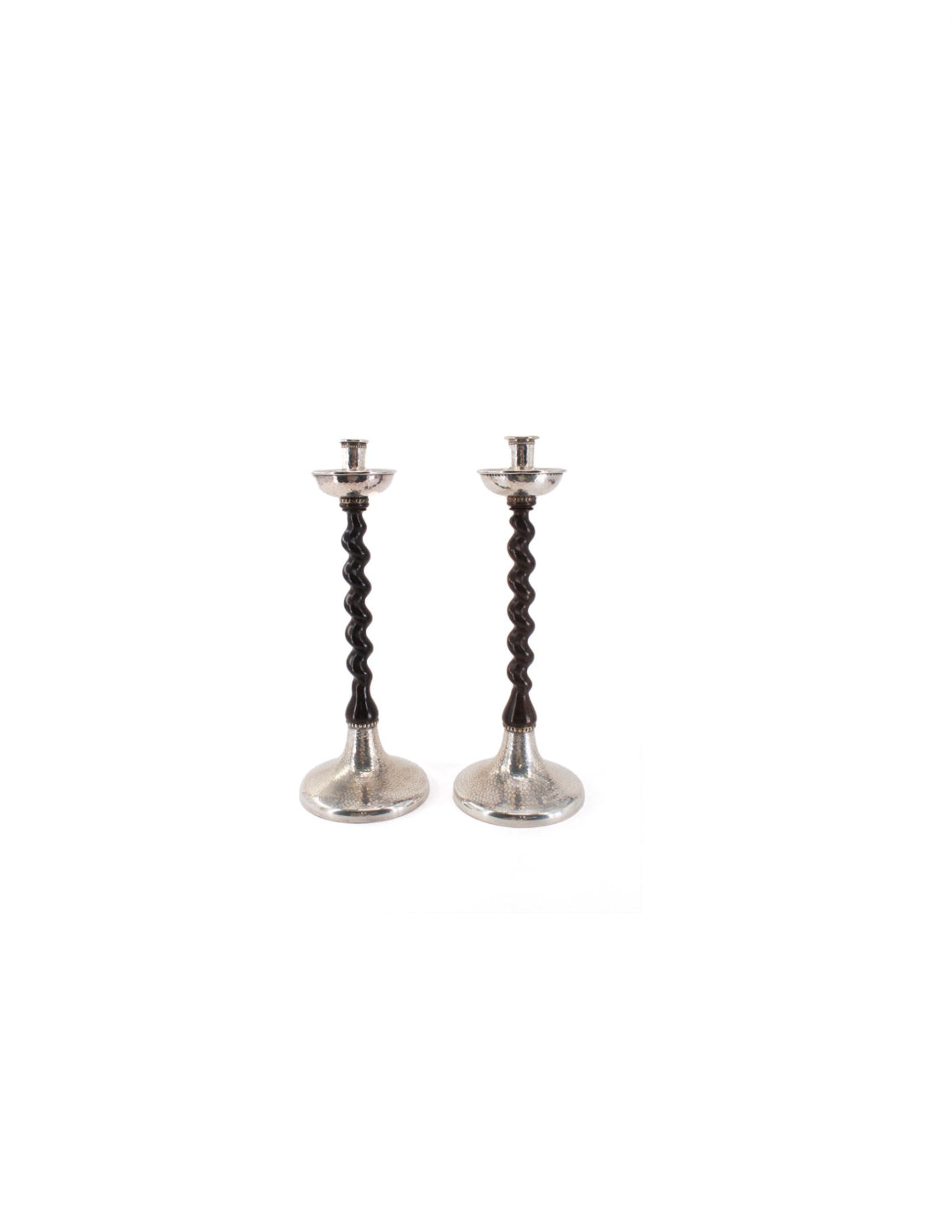 Pair of English Ebonized Oak & Silver-Plated Candleholders