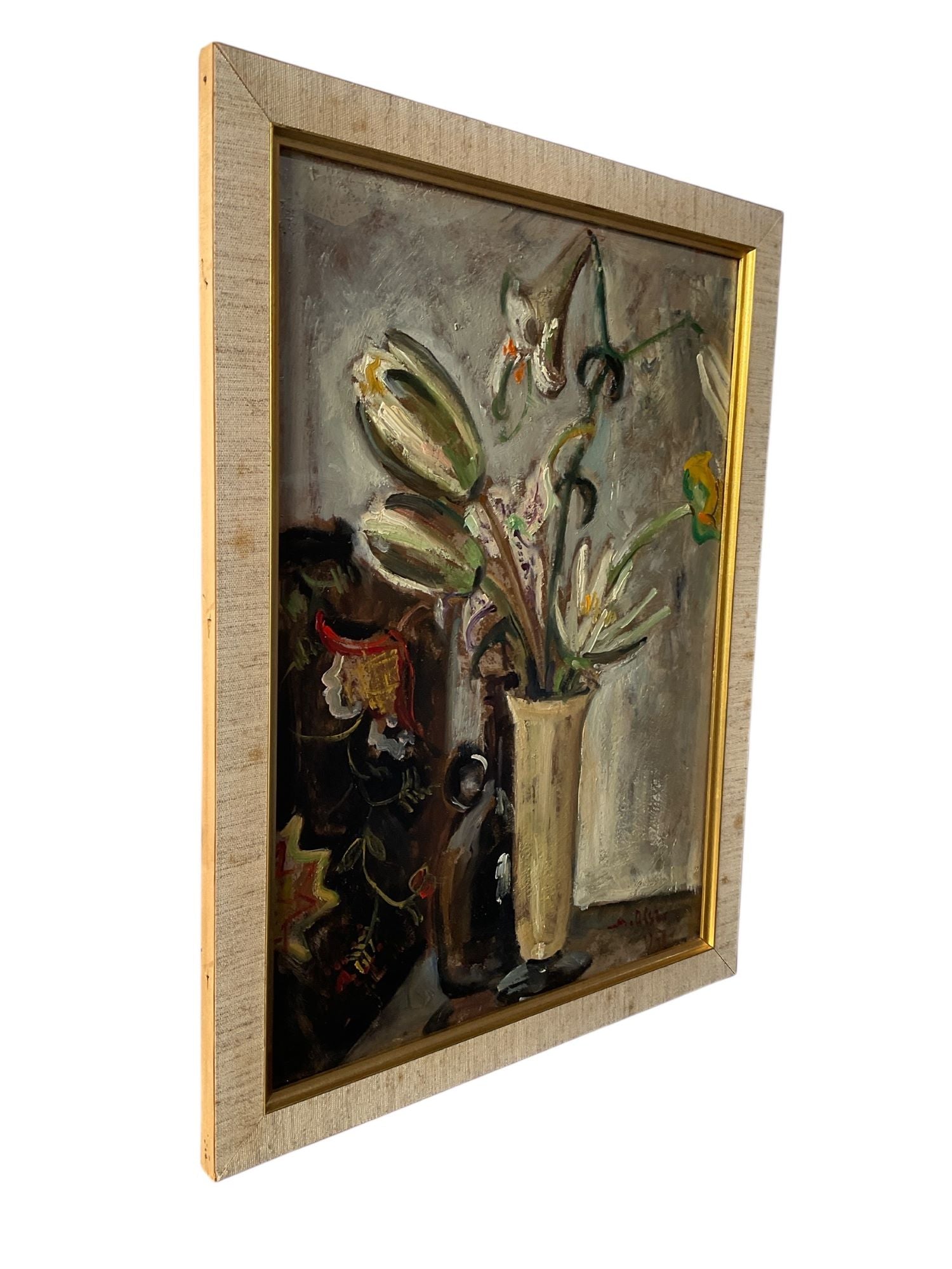 Vintage Swedish Still Life Painting of Flowers in Vase