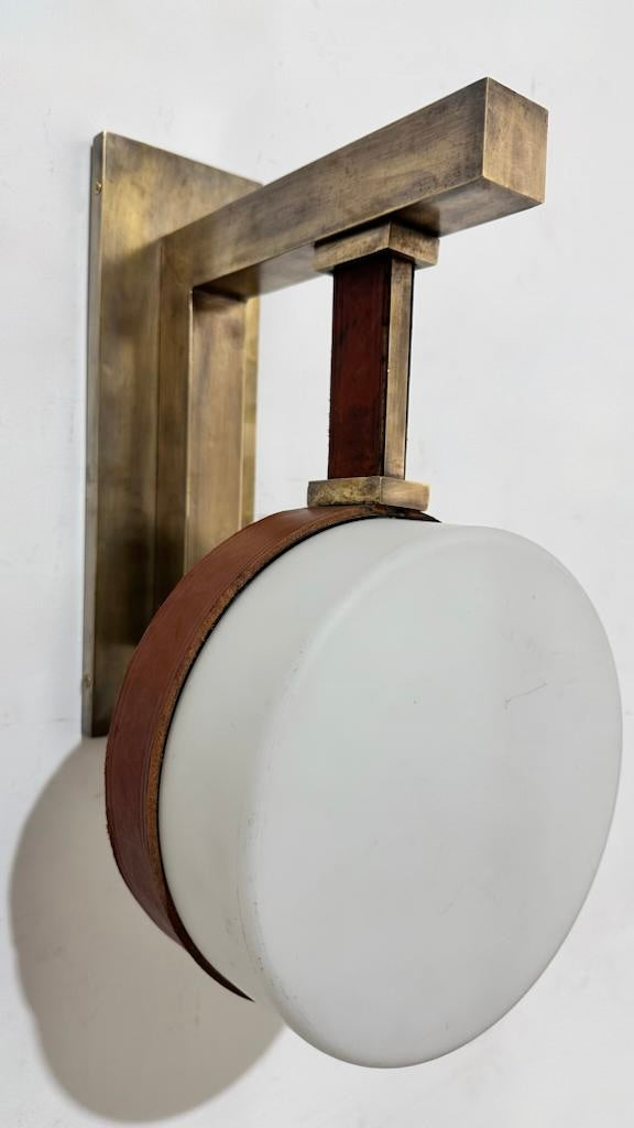 Pair of Lucca Limited Edition Glass, Leather and Brass Hanging Sconces