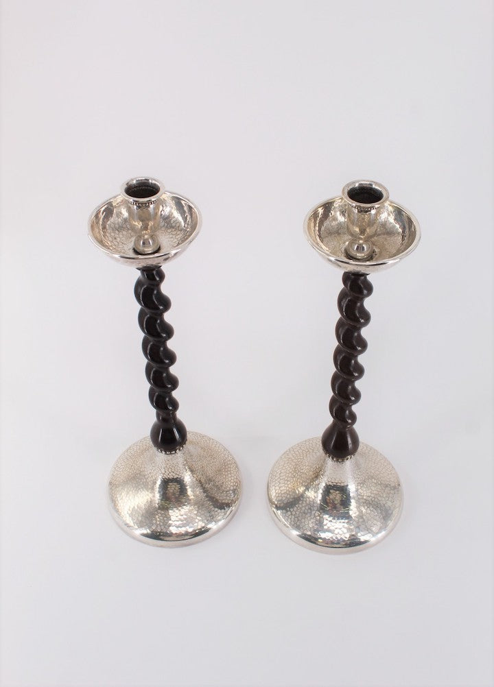 Pair of English Ebonized Oak & Silver-Plated Candleholders