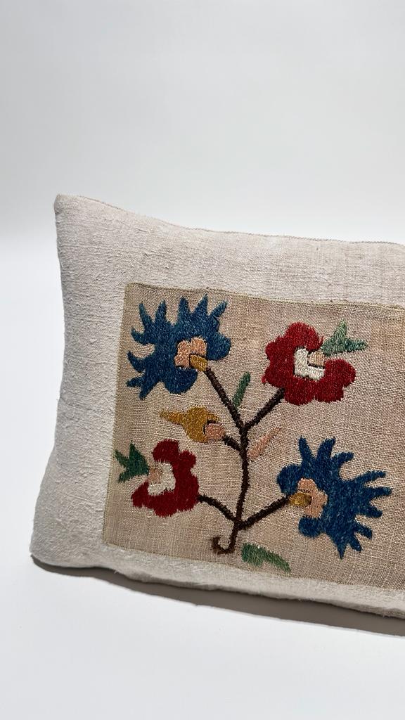 18th Century Turkish Embroidery Silk and Linen Textile Pillow