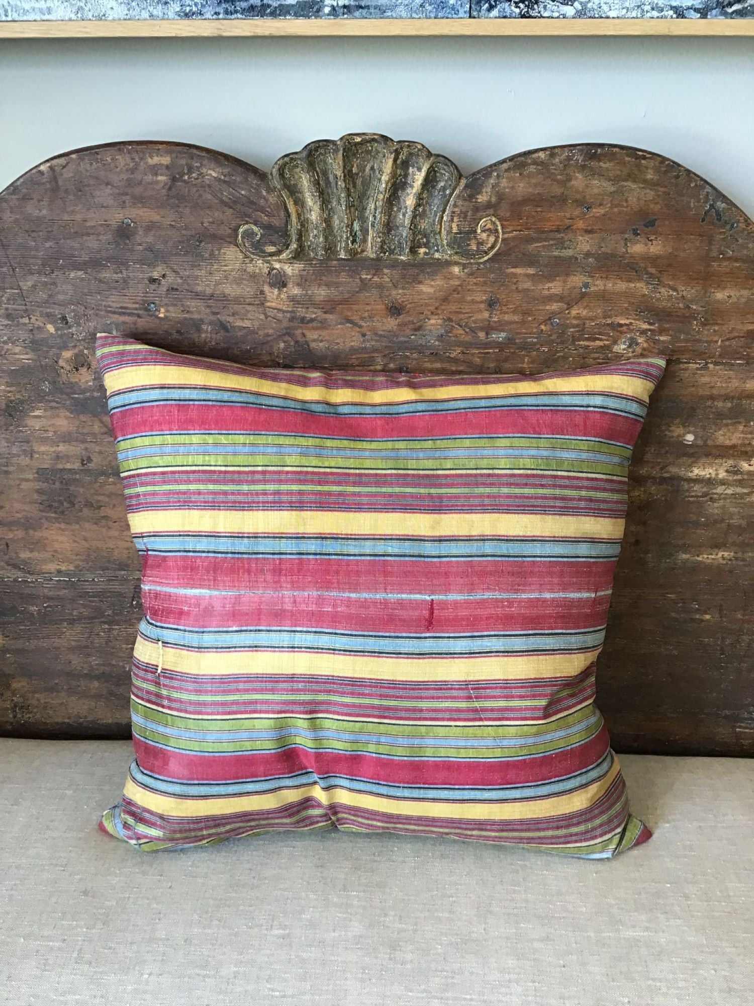 Limited Edition Antique Wood Block and Striped Textile Pillow