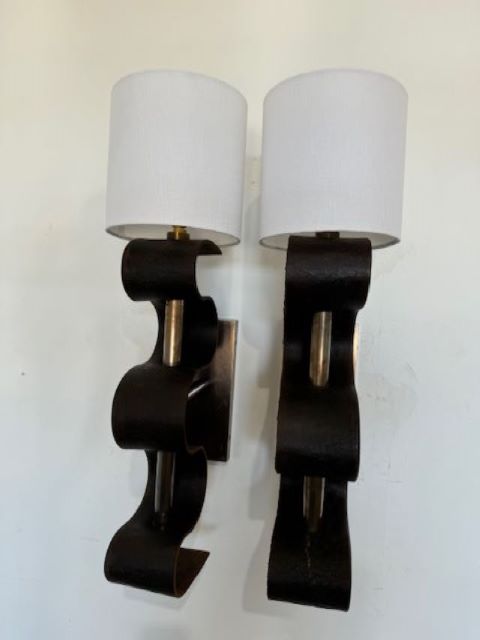 Pair of Lucca Studio Currier Sconces in Bronze and Leather