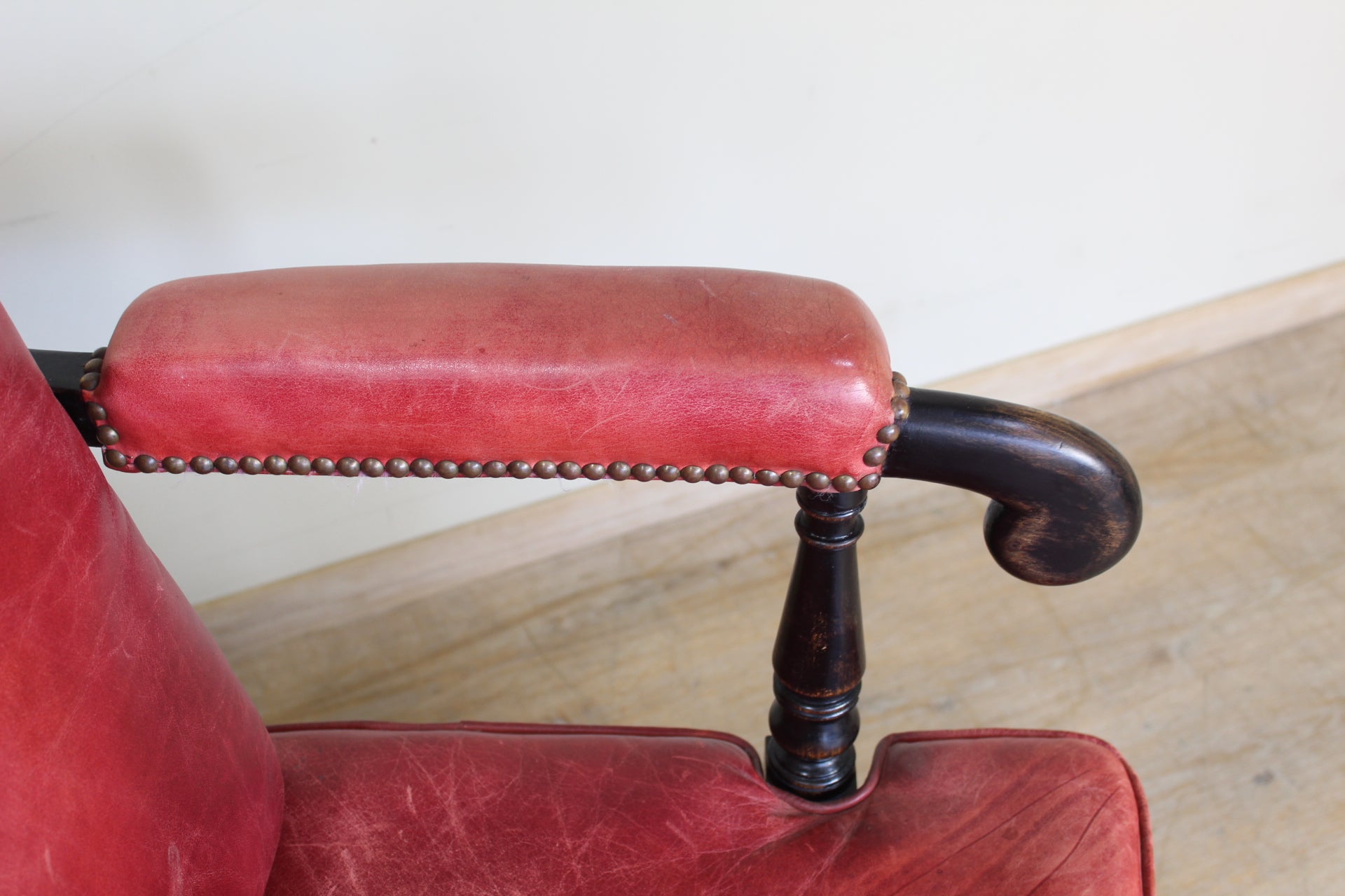 19th Century Ebonized English Bobbin Arm Chairs in Red Leather