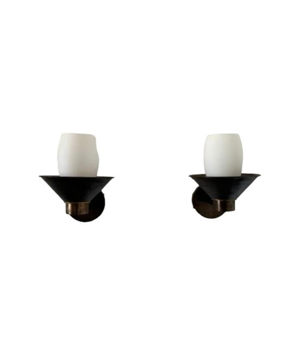 Limited Edition Pair of Bronze and Opaline Glass Sconces