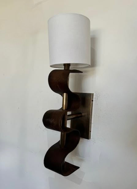 Pair of Lucca Studio Currier Sconces in Bronze and Leather