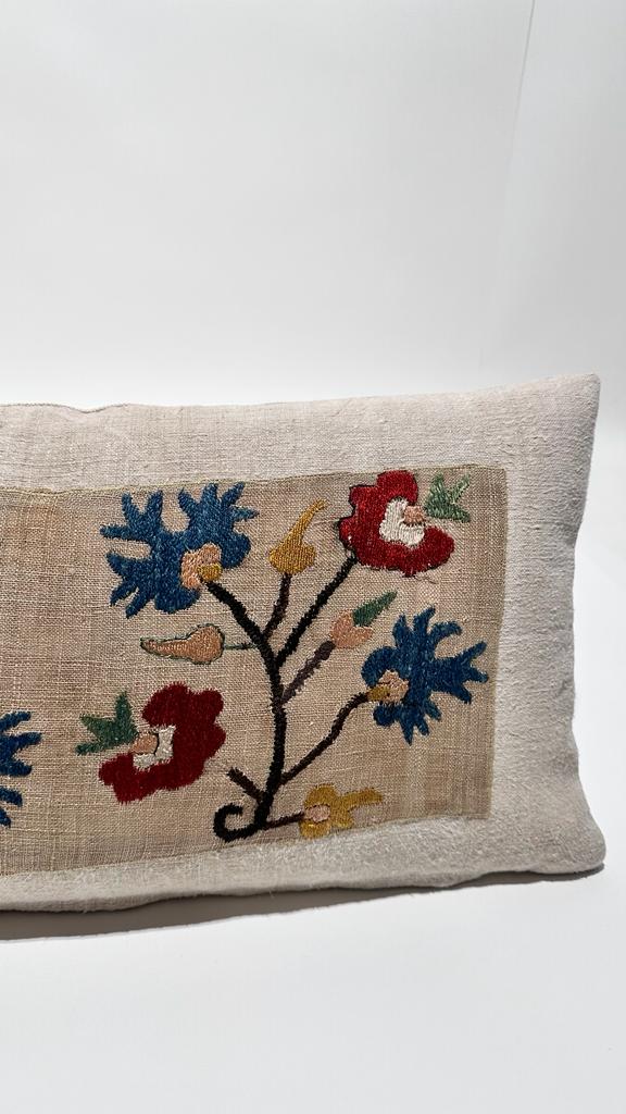 18th Century Turkish Embroidery Silk and Linen Textile Pillow