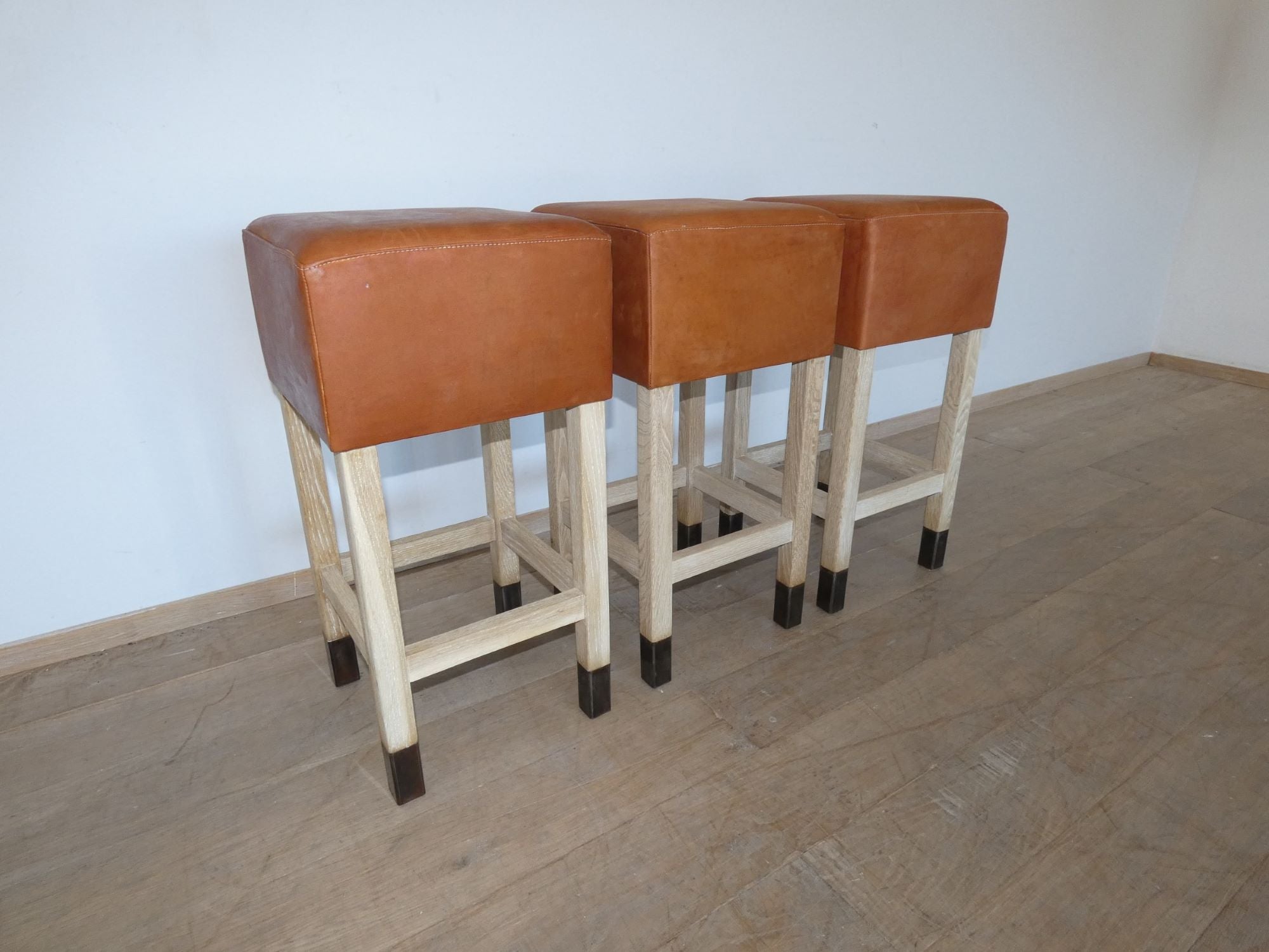 Lucca Studio Pair of Percy Saddle Leather and Oak Stools