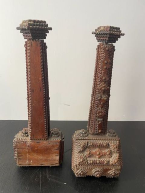 Rare Pair Tramp Art Candlesticks