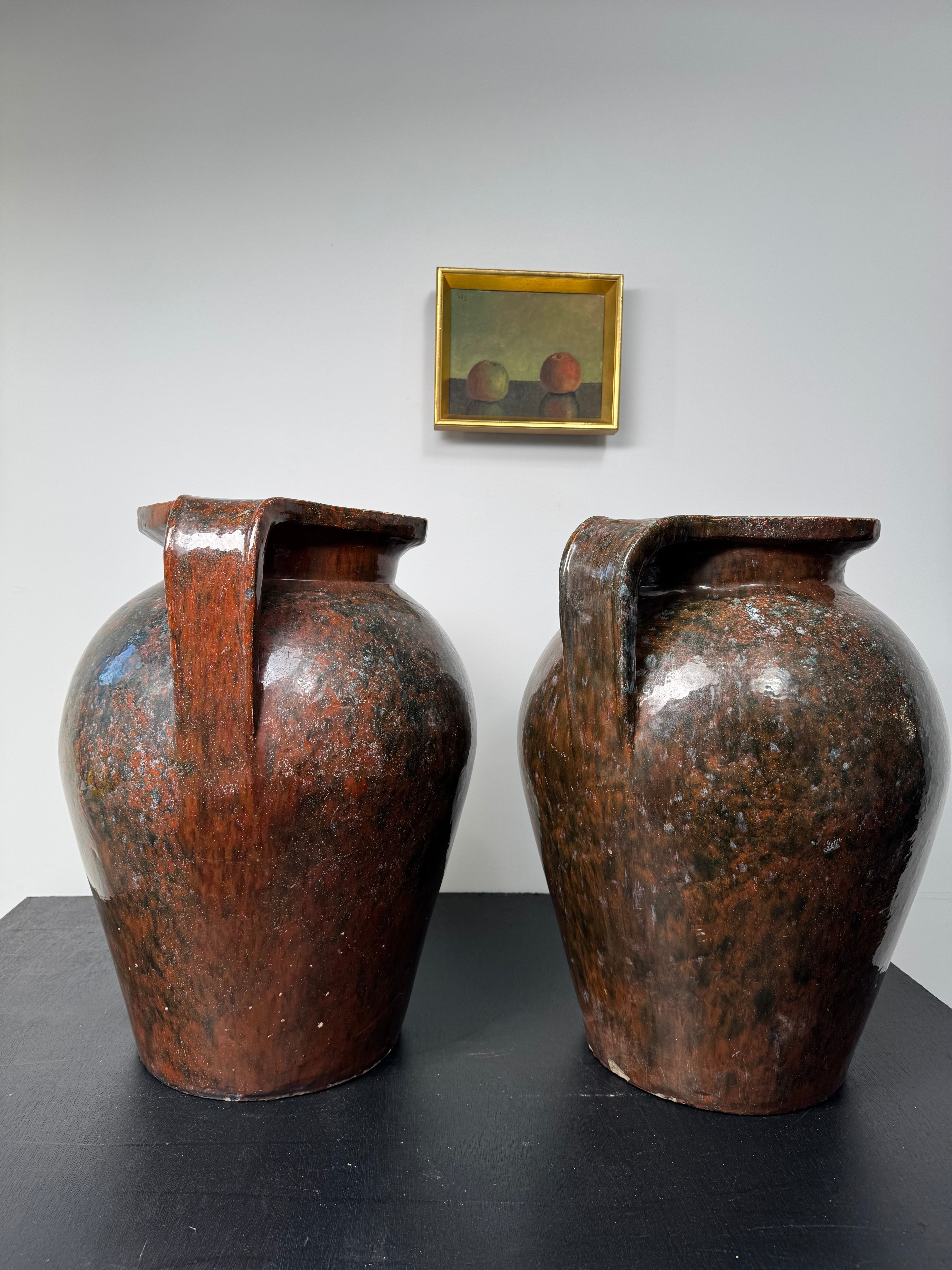 Massive Pair Majolica Art Deco Handled Pots