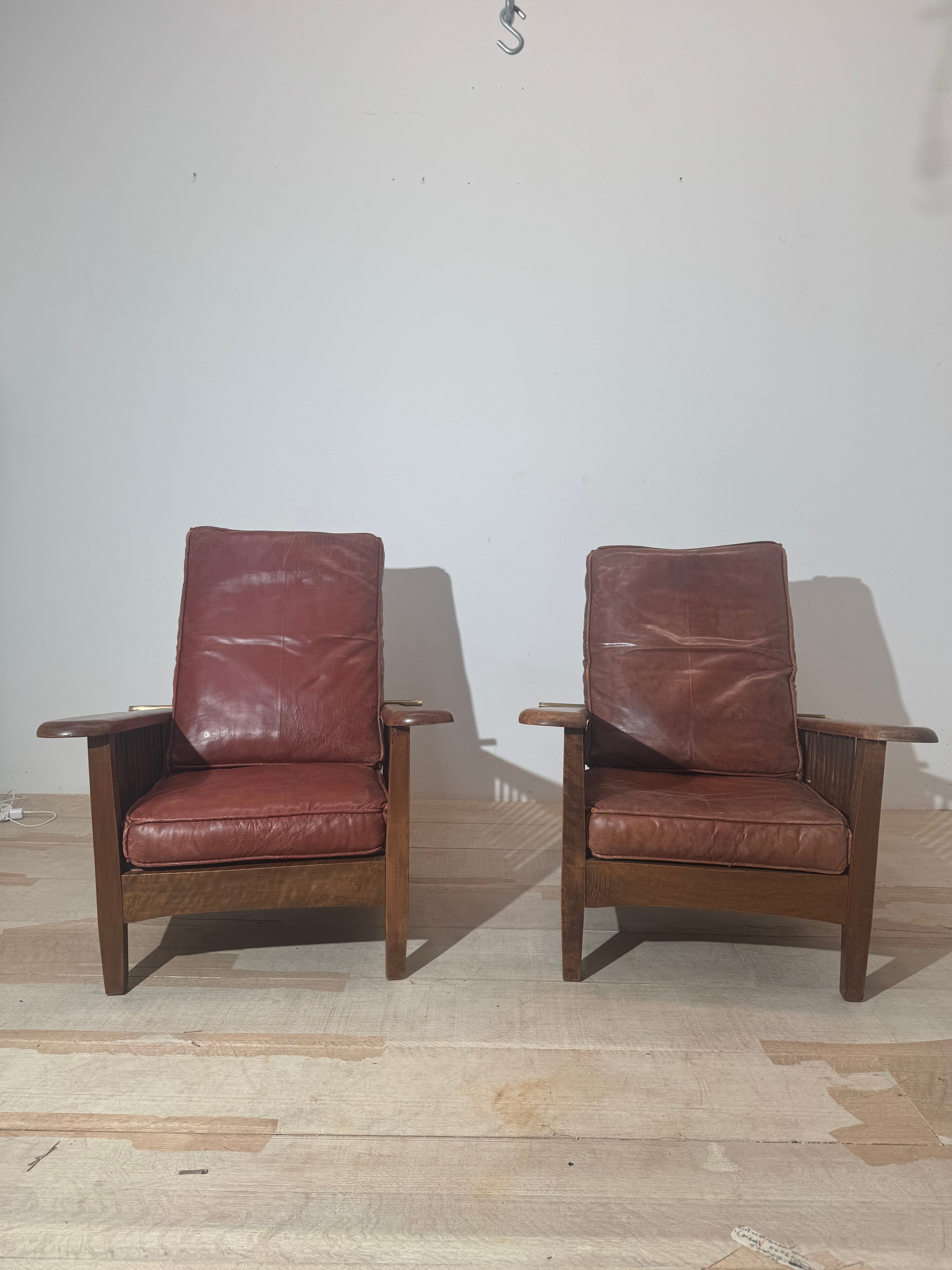 Pair of Vintage Walnut Chairs with original leather cushions