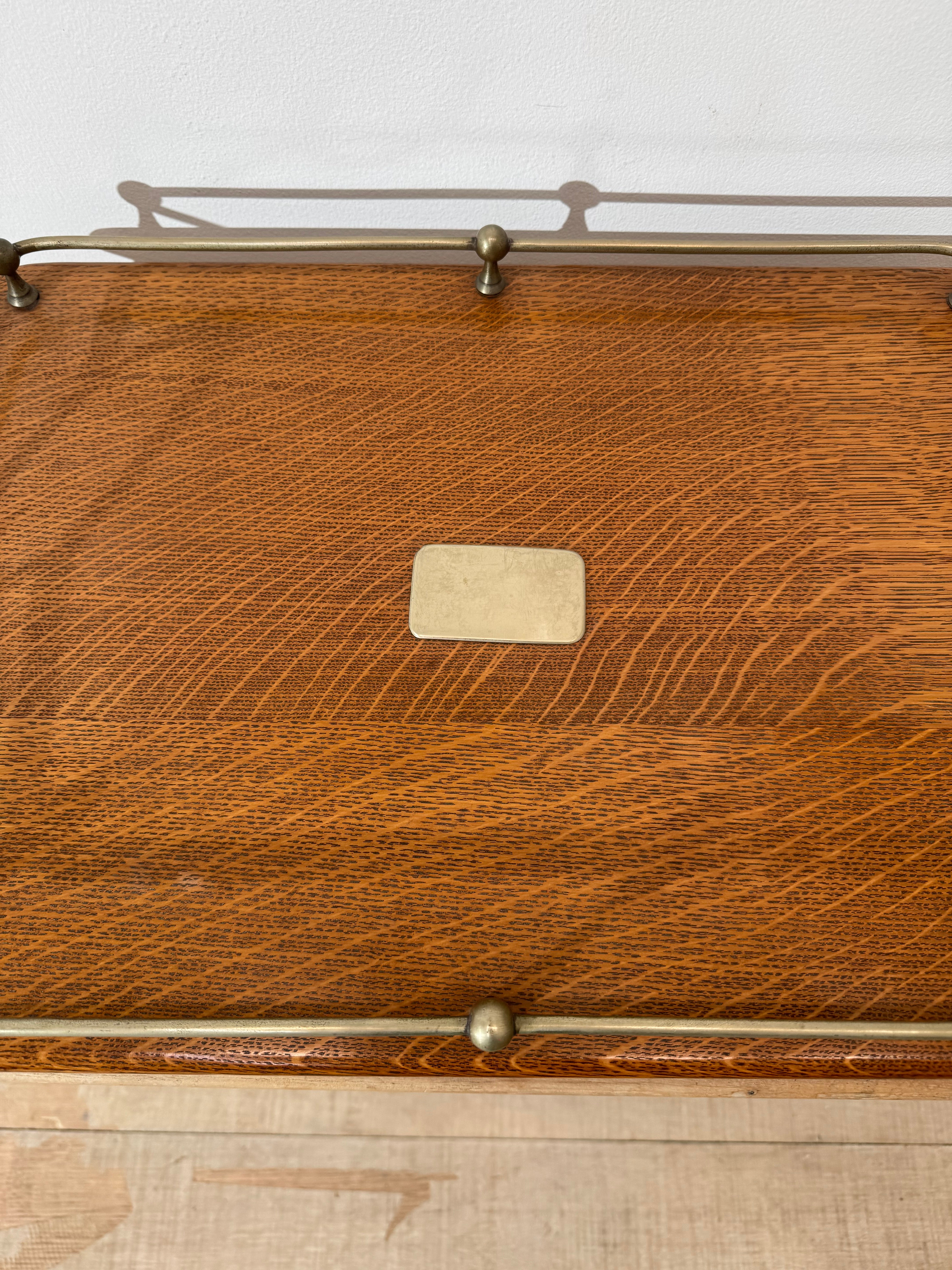 Antique English Quarter Sewn Oak and Silver Plate Serving Tray