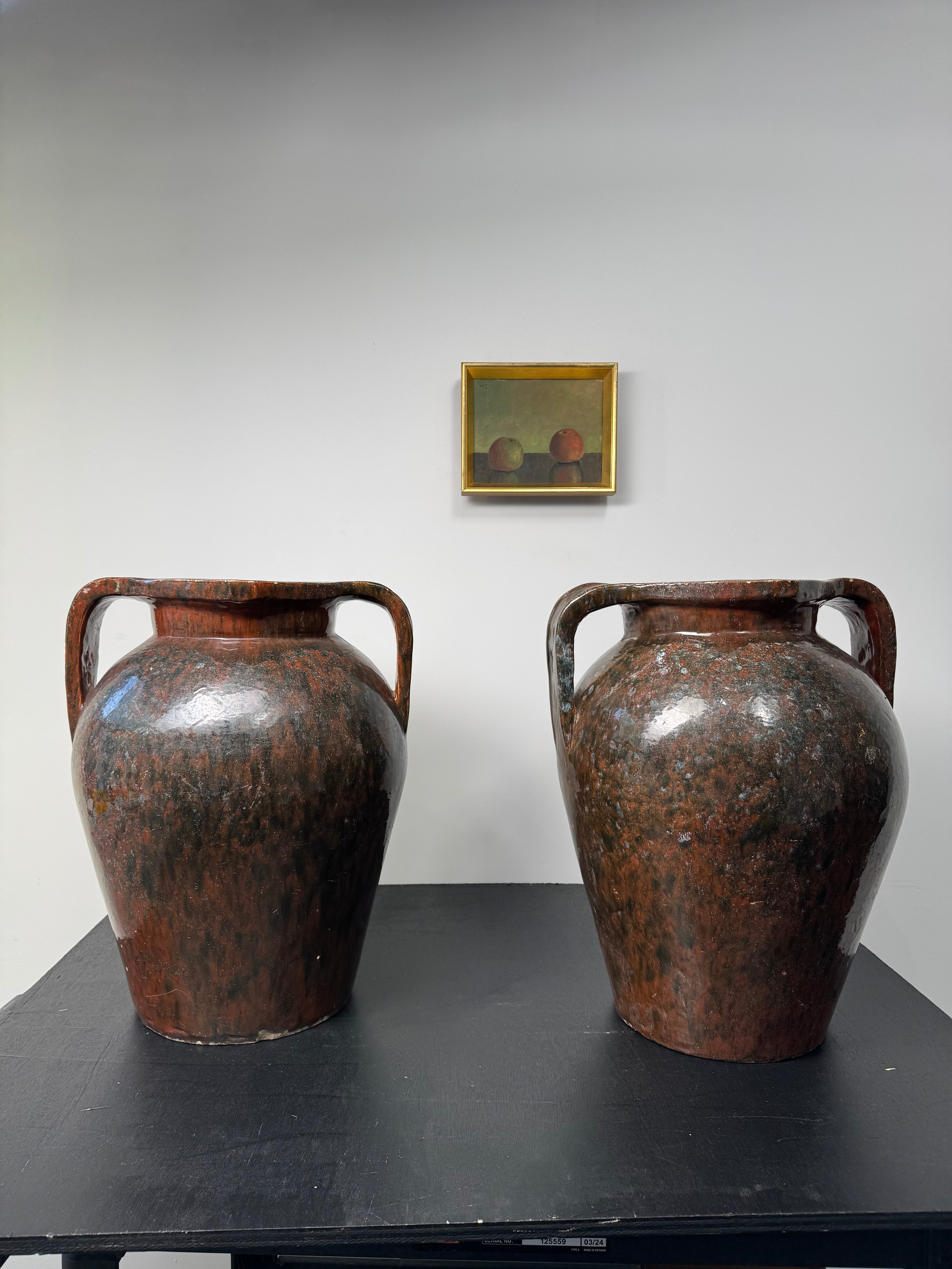 Massive Pair Majolica Art Deco Handled Pots