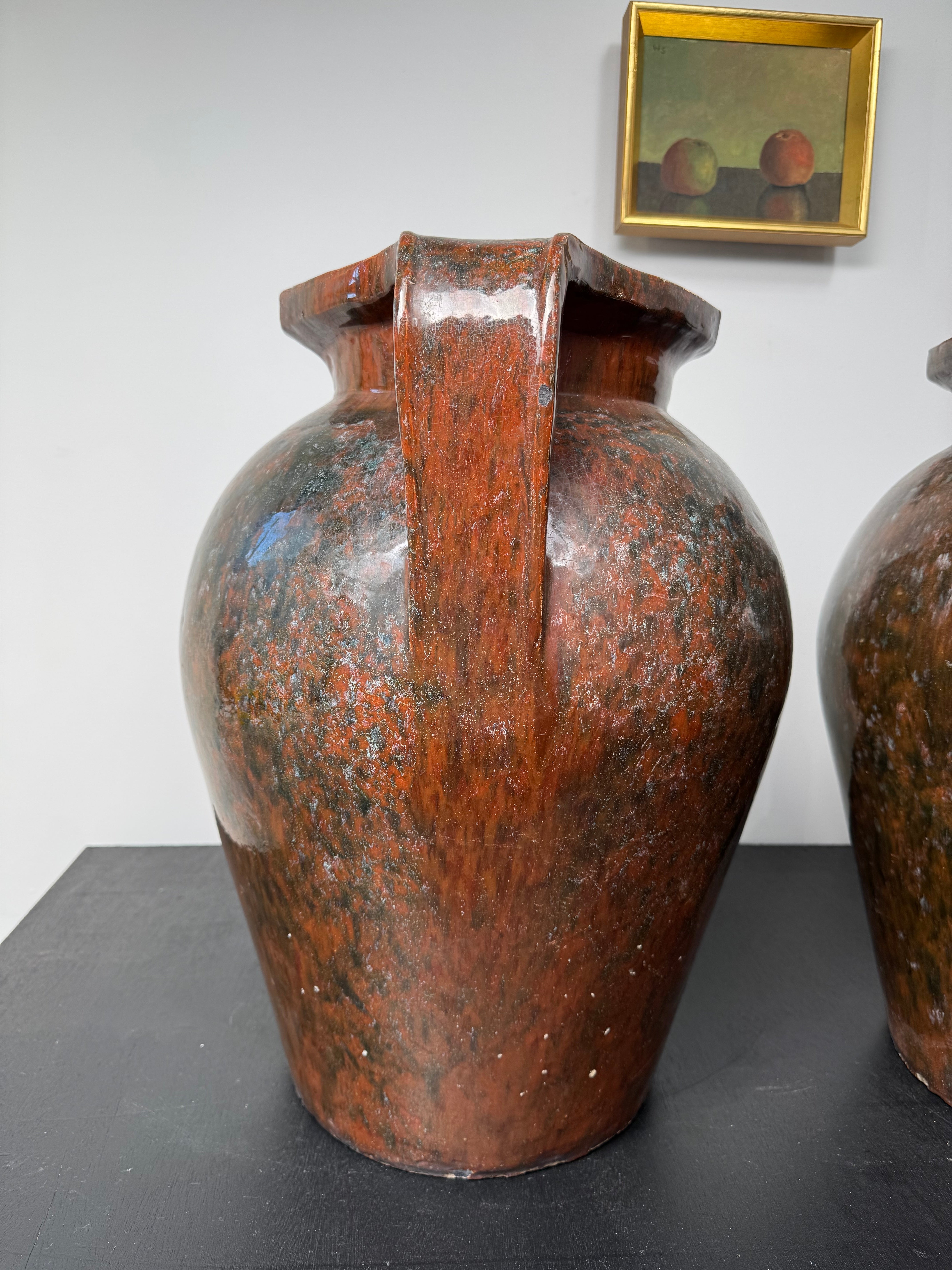 Massive Pair Majolica Art Deco Handled Pots