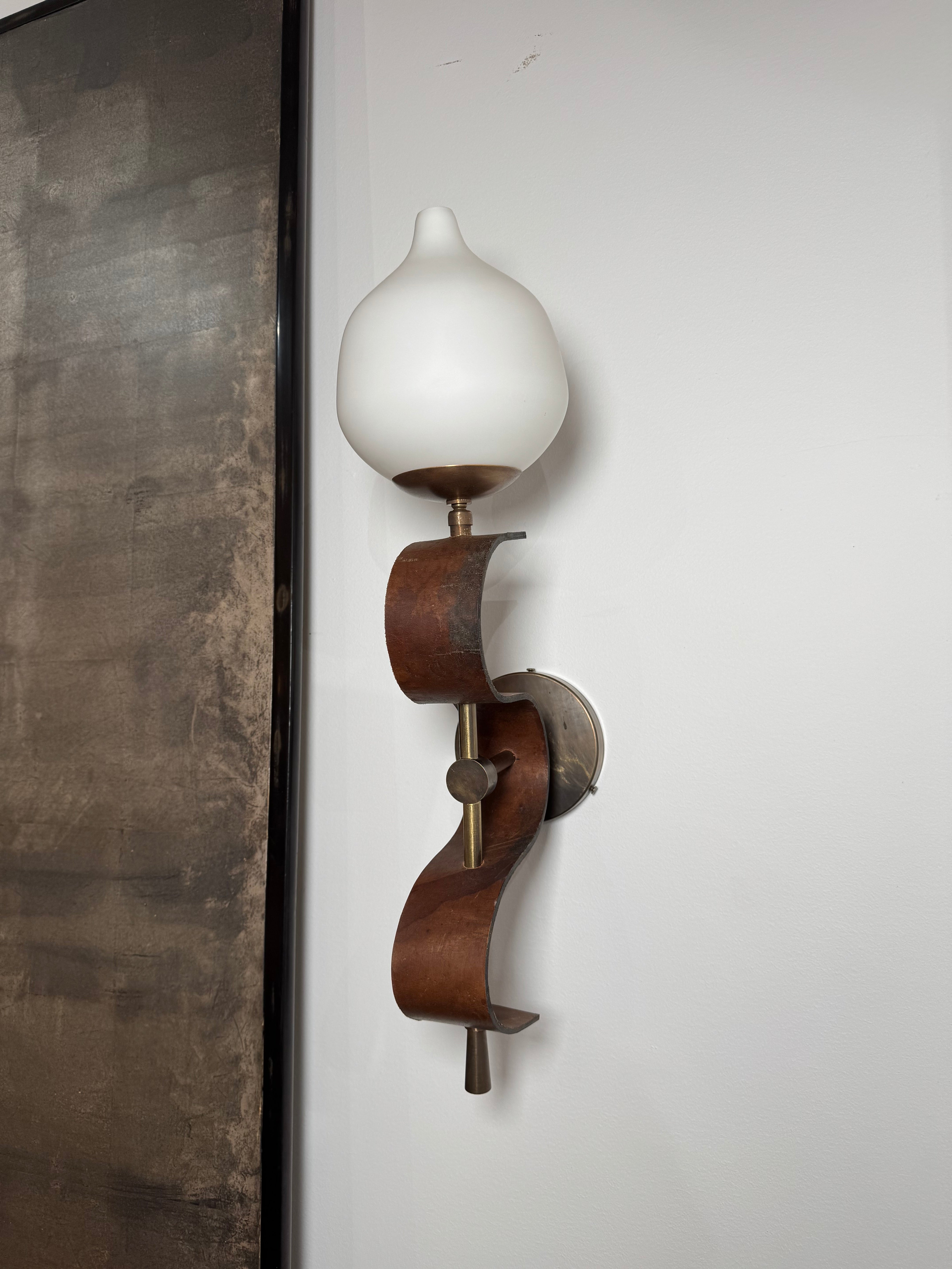 Pair Lucca Studio Limited Edition Leather & Glass Sconces