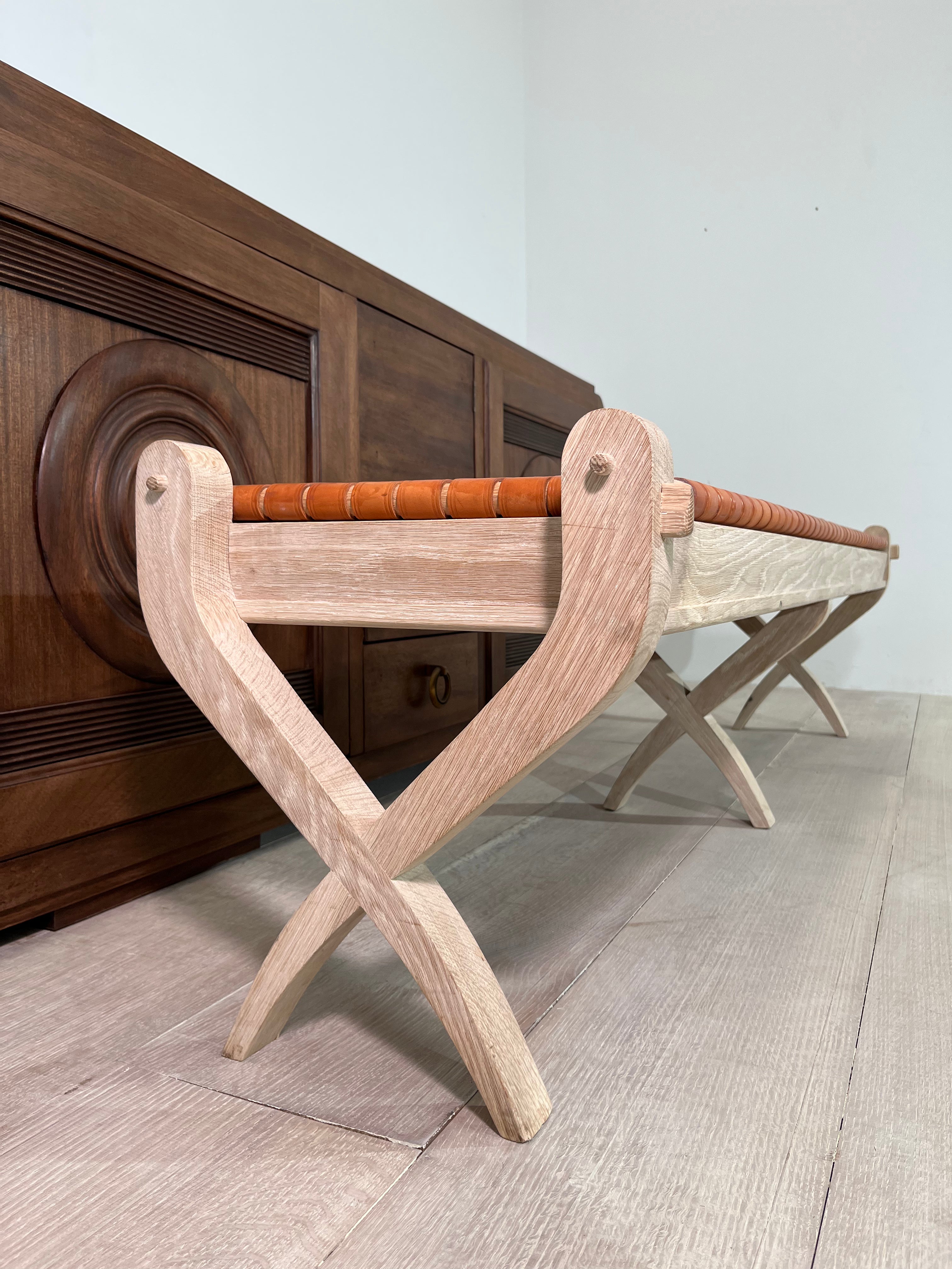 Limited Edition Oak and Saddle Leather Bench