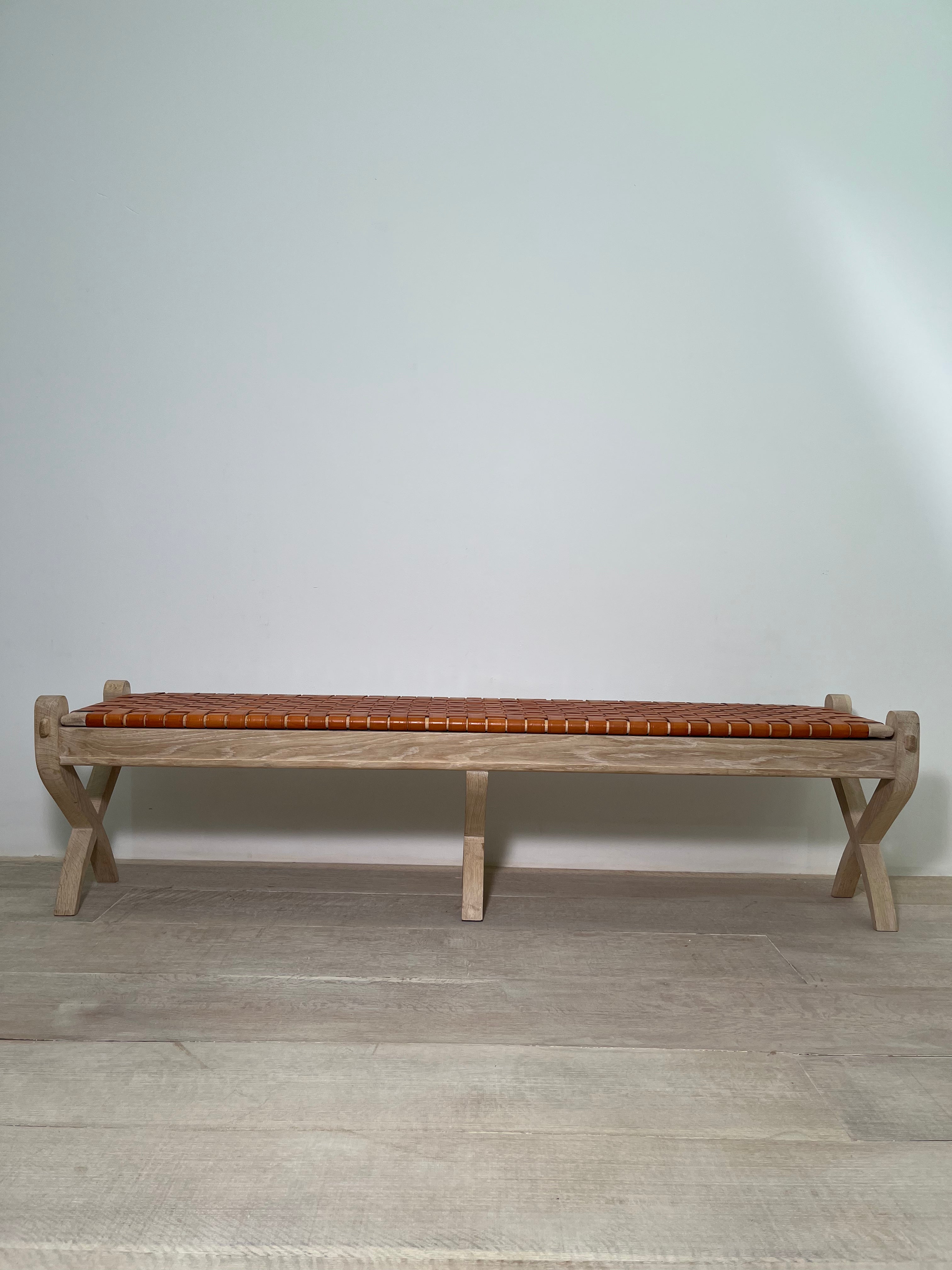 Limited Edition Oak and Saddle Leather Bench