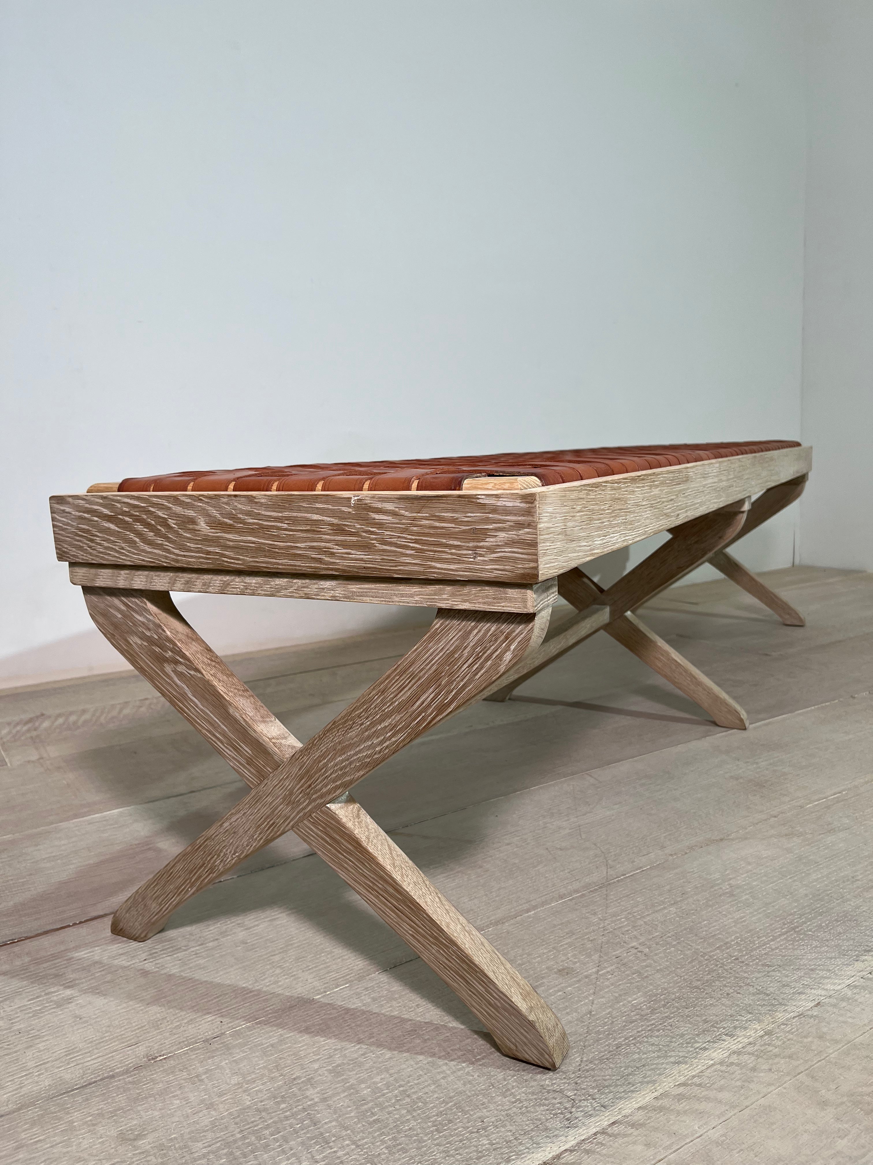 Limited Edition Oak and Saddle Leather Bench