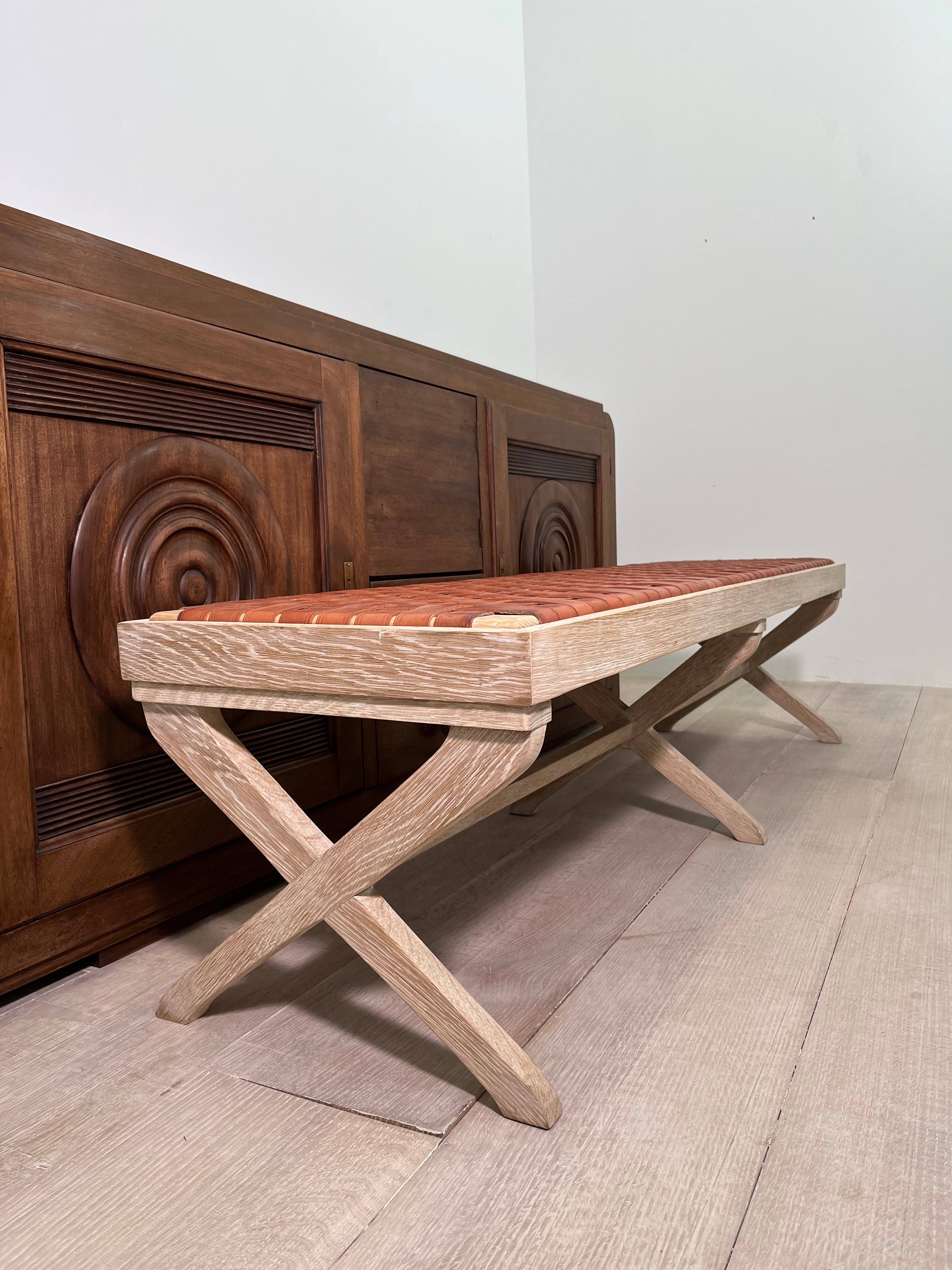 Limited Edition Oak and Saddle Leather Bench