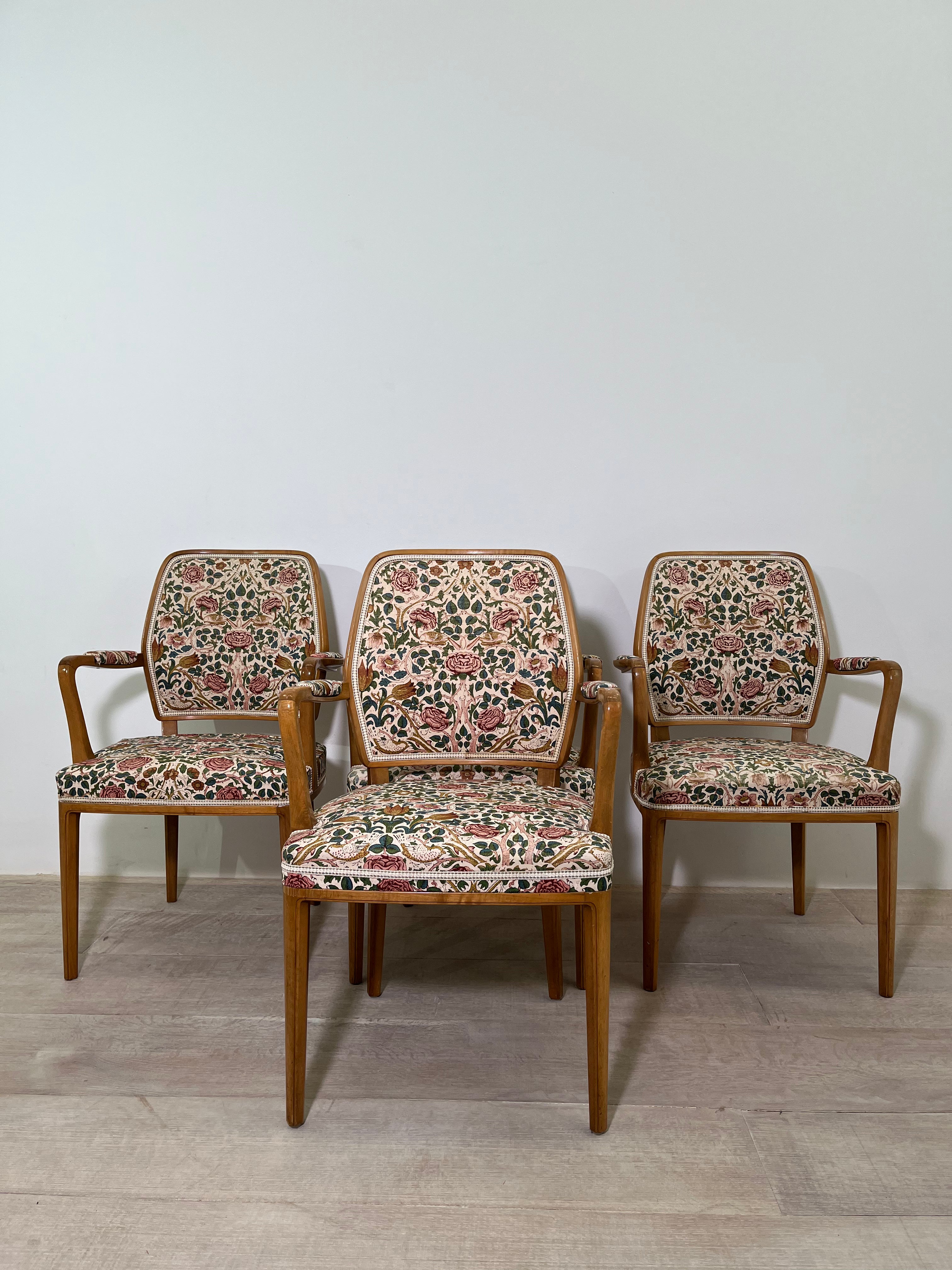 Set of (4) Swedish Dining Arm Chairs of Walnut