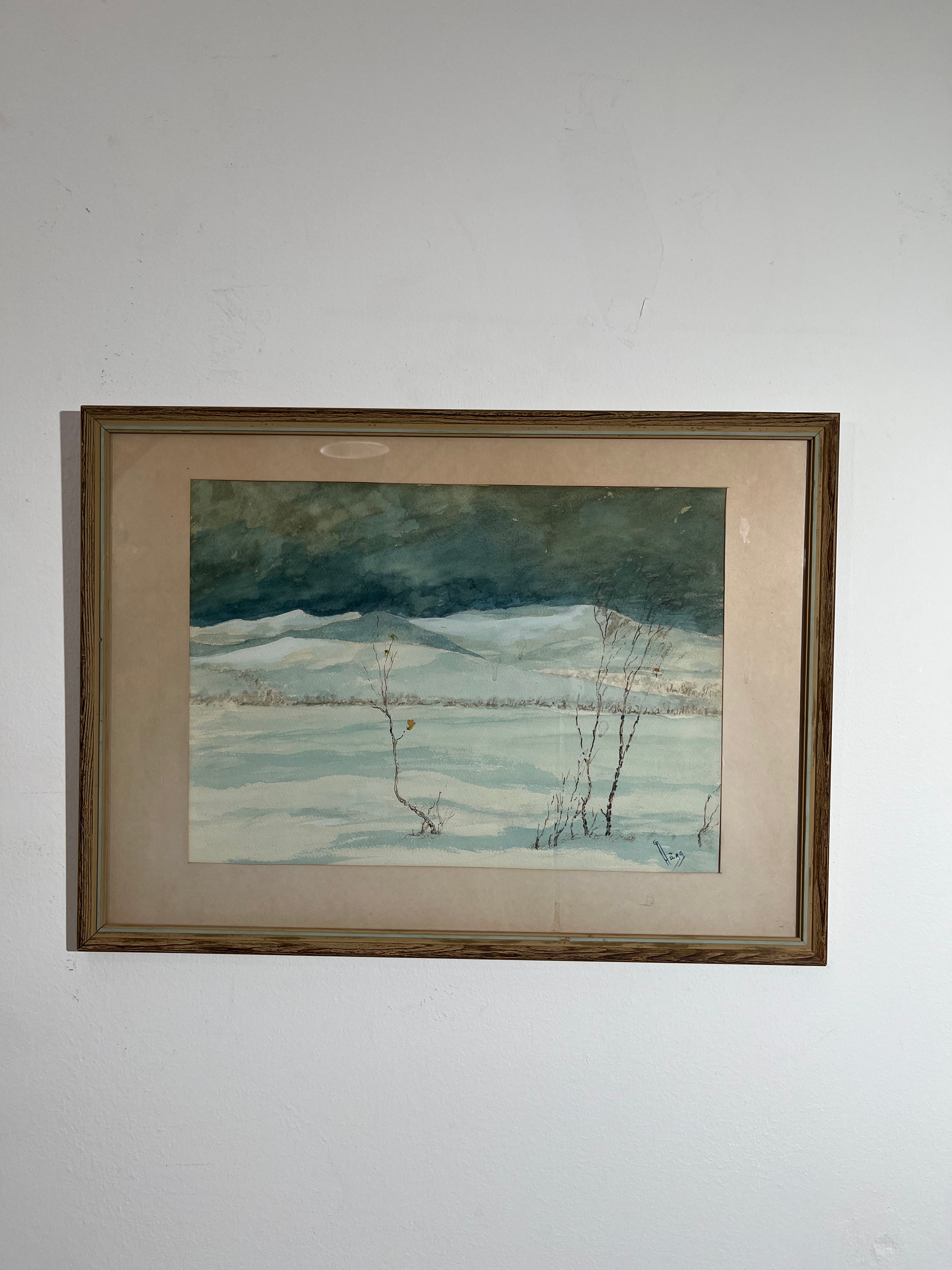 Swedish Artist Winter Landscape Watercolor Framed