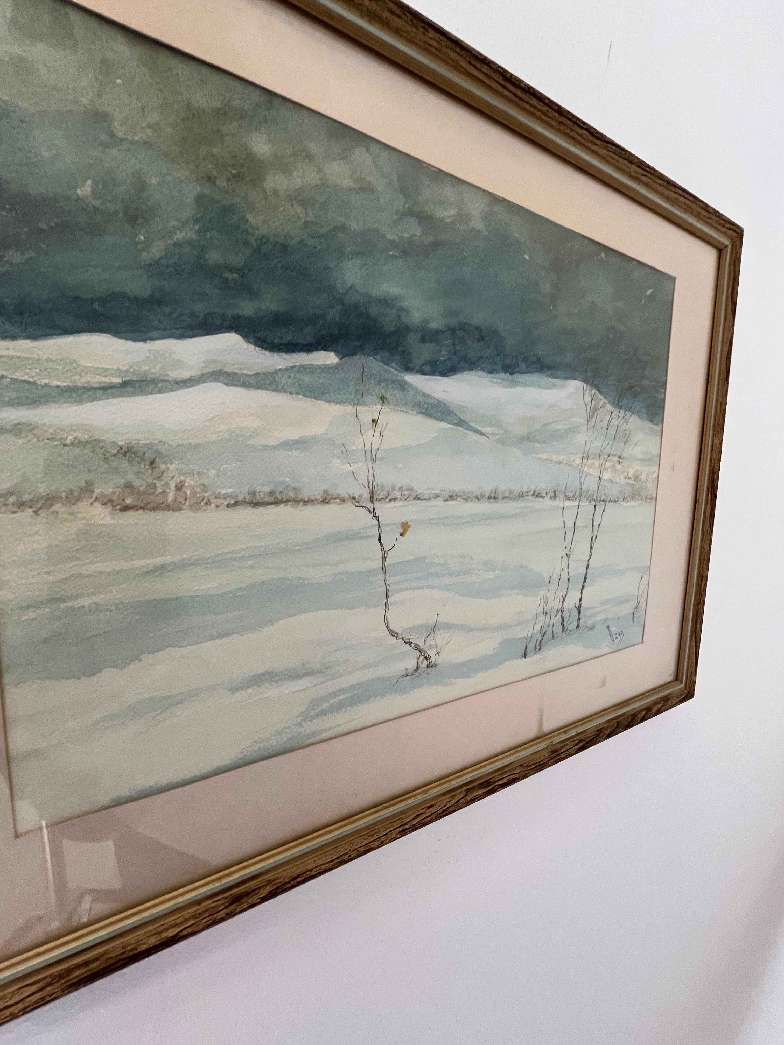 Swedish Artist Winter Landscape Watercolor Framed