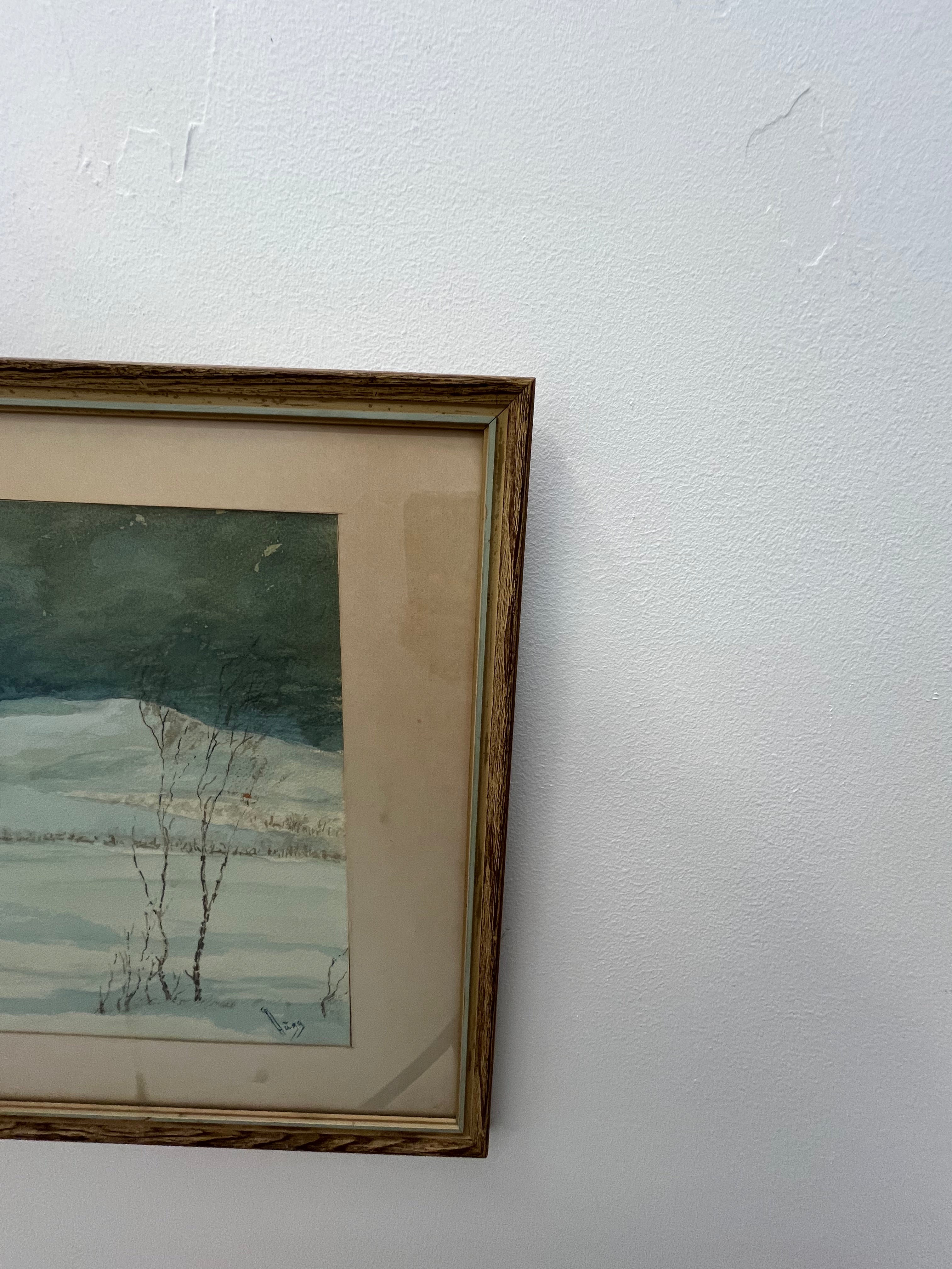 Swedish Artist Winter Landscape Watercolor Framed