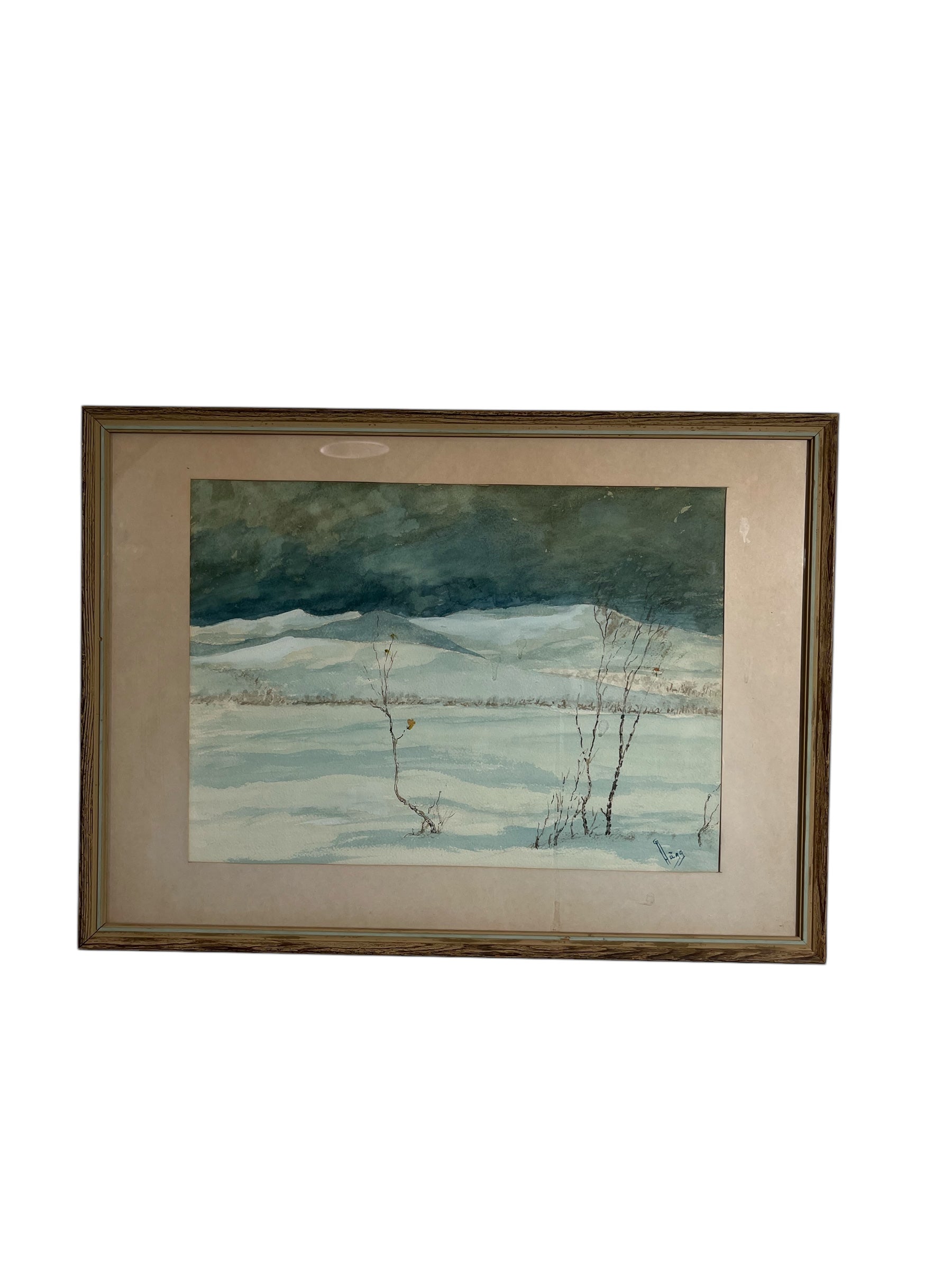 Swedish Artist Winter Landscape Watercolor Framed