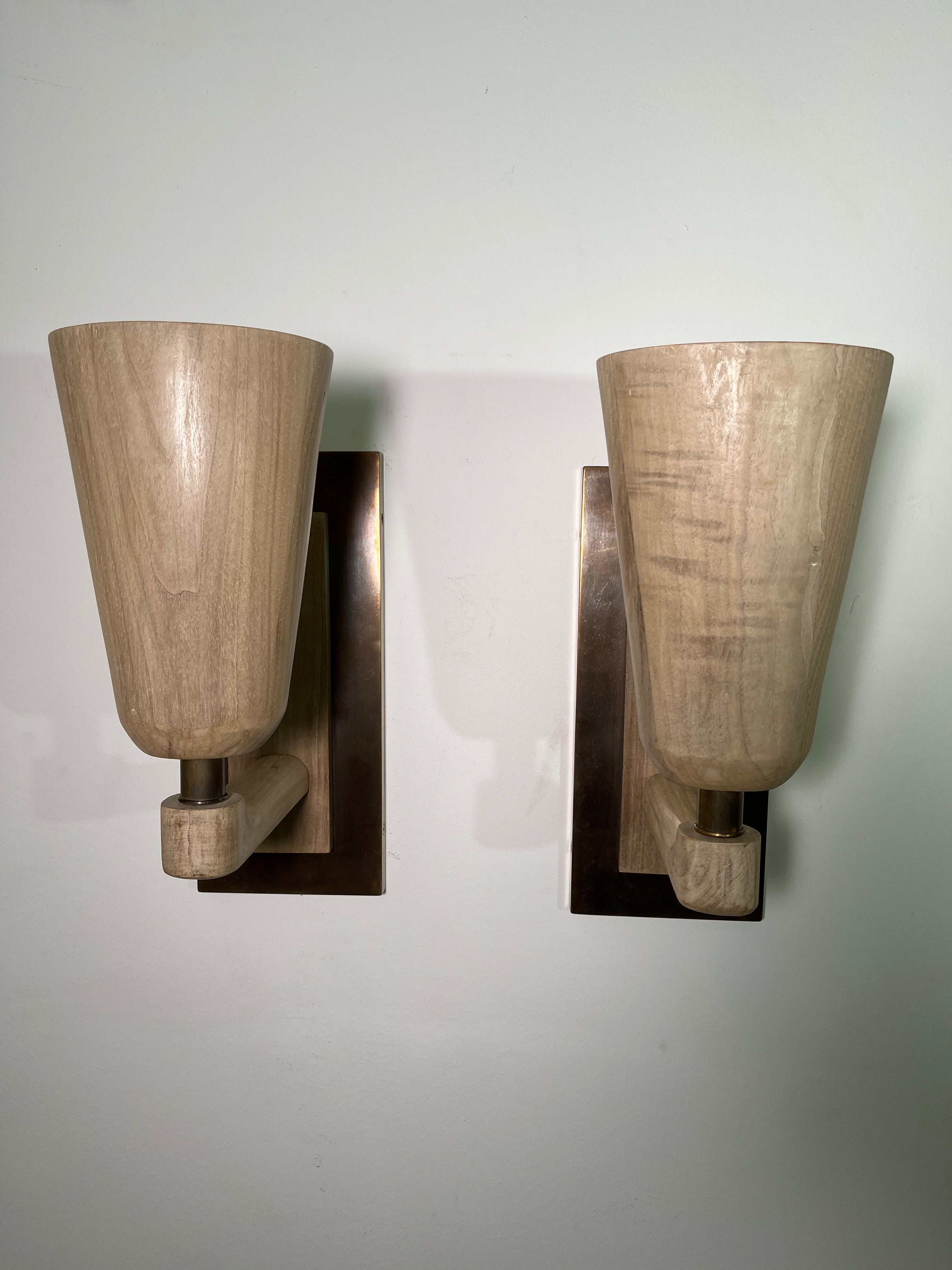 Pair of Limited Edition Walnut and Bronze Sconces