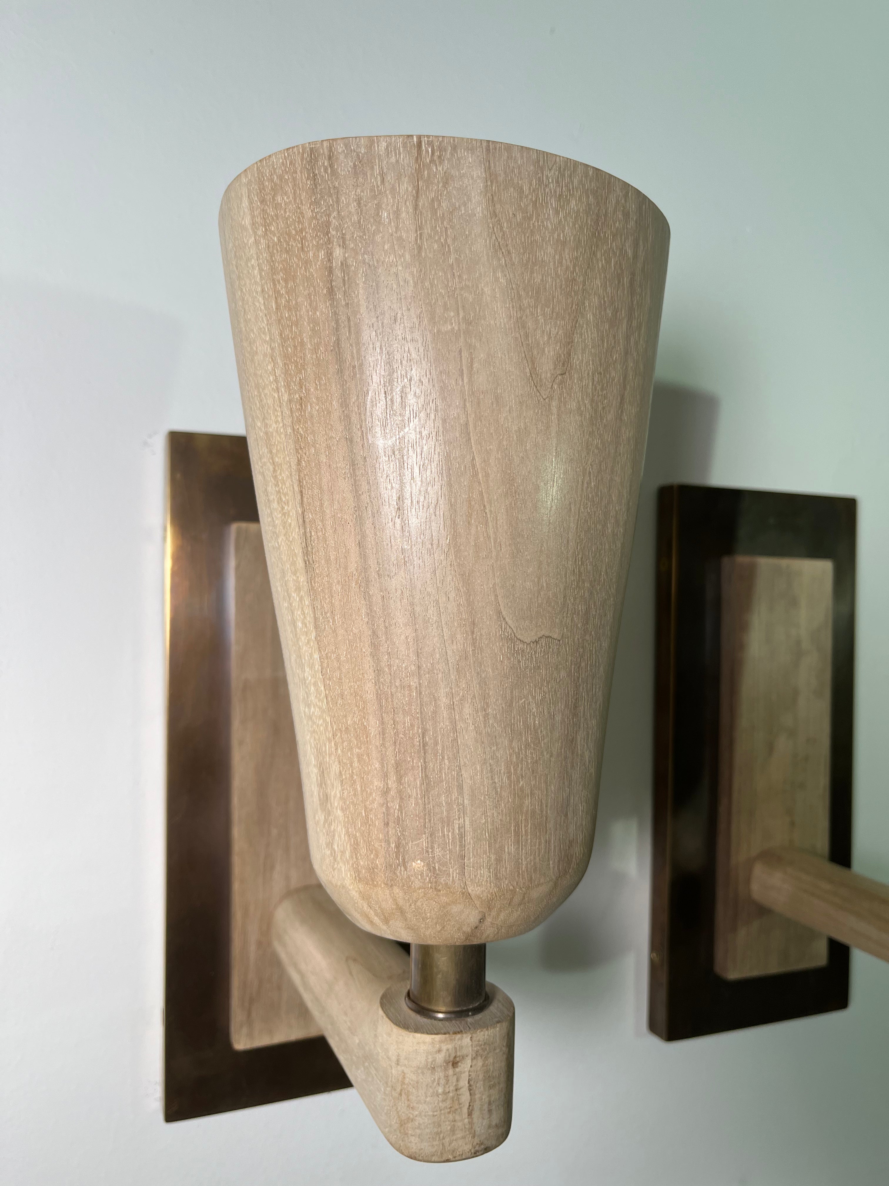 Pair of Limited Edition Walnut and Bronze Sconces