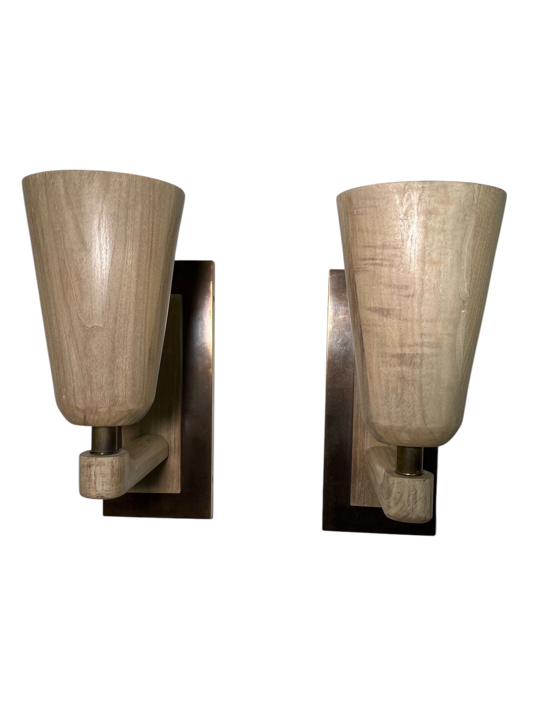 Pair of Limited Edition Walnut and Bronze Sconces