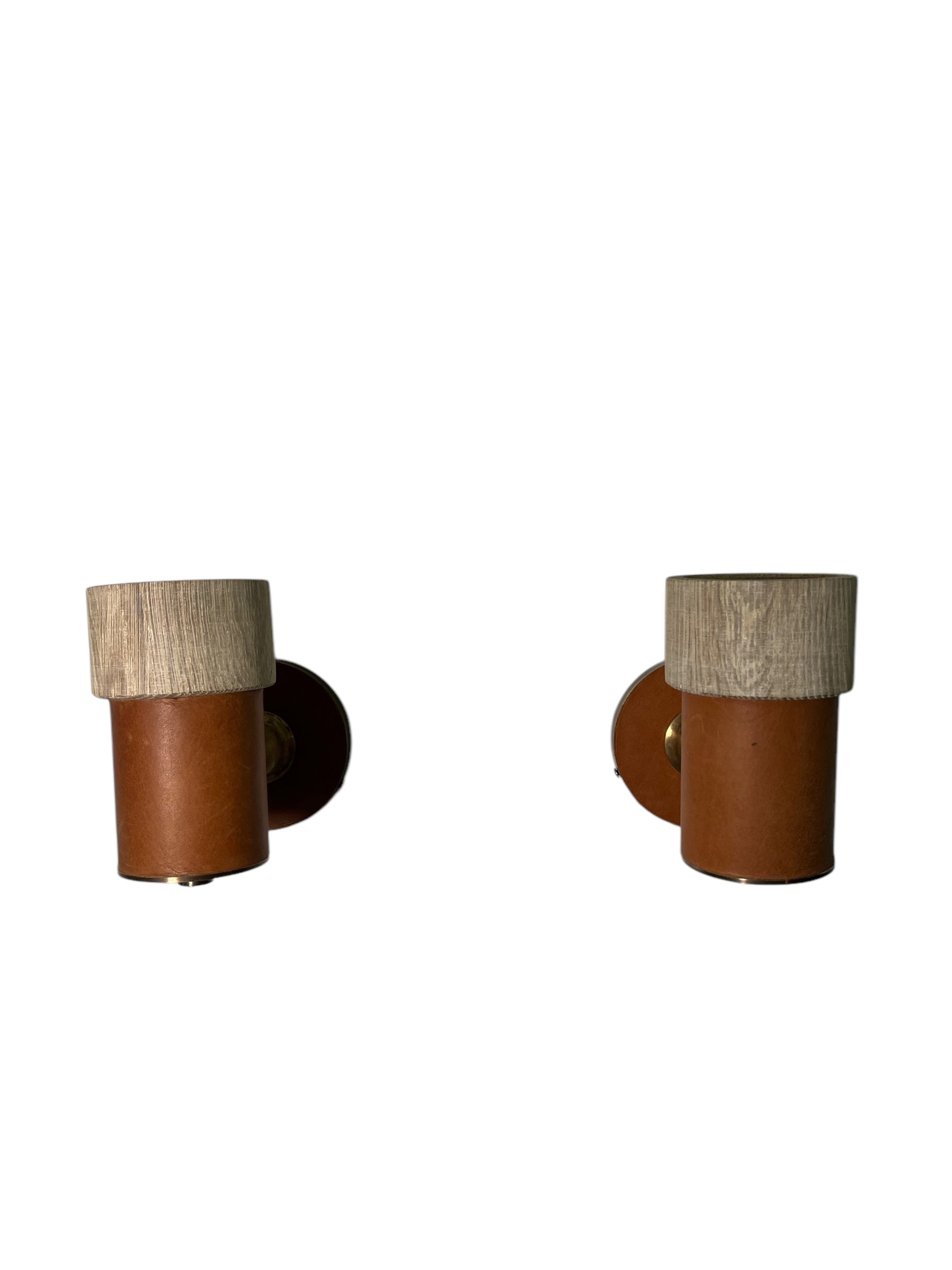 Pair of Limited Edition Oak and Leather Sconces
