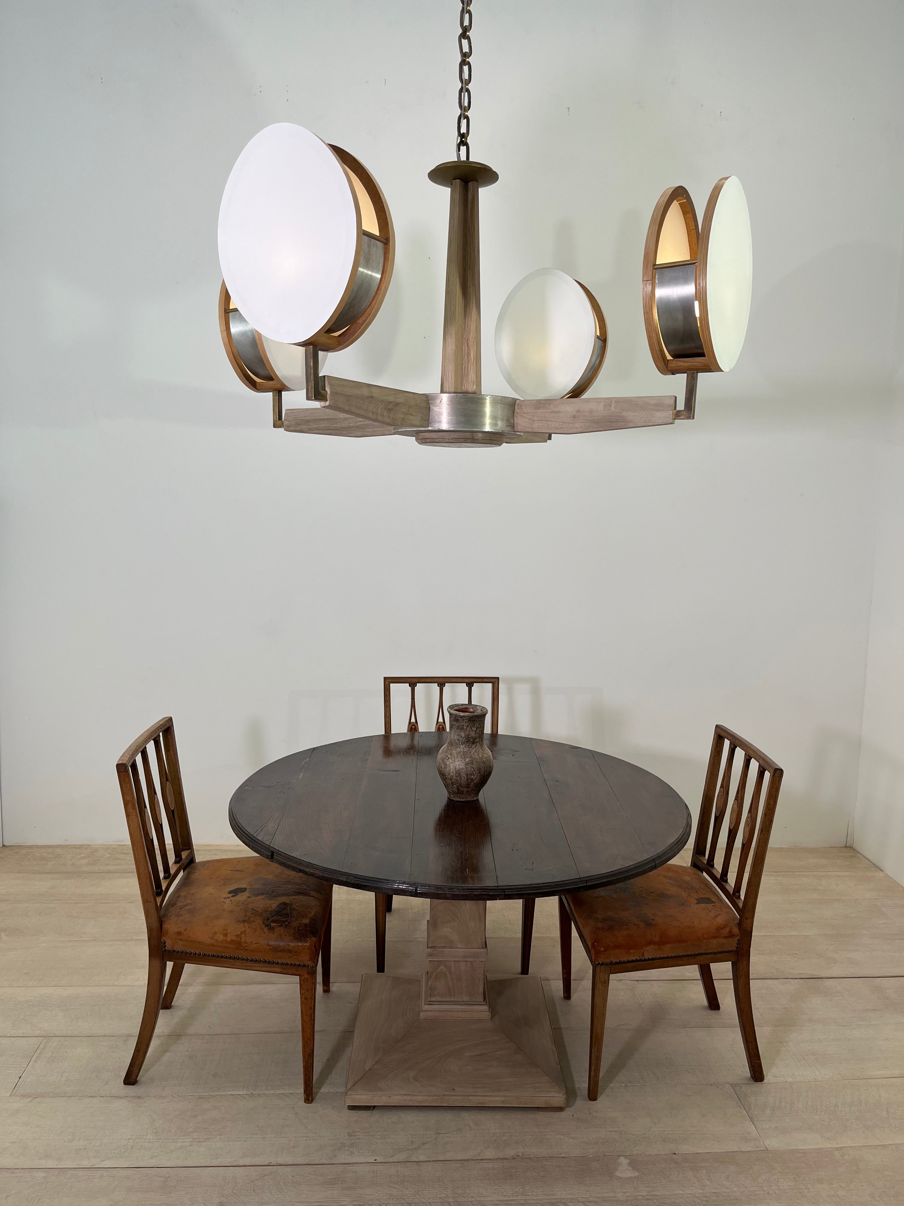 Limited Edition Walnut, Brass and Patinated Aluminum Chandelier