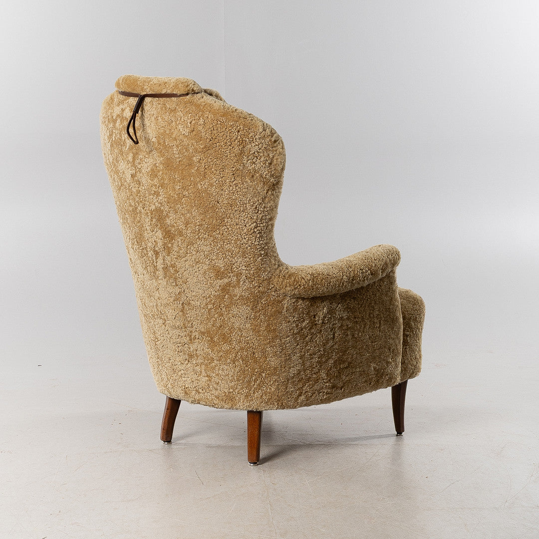 Carl Malmsten "Grandma" Shearling Arm Chair Danish Leather Arm Chair