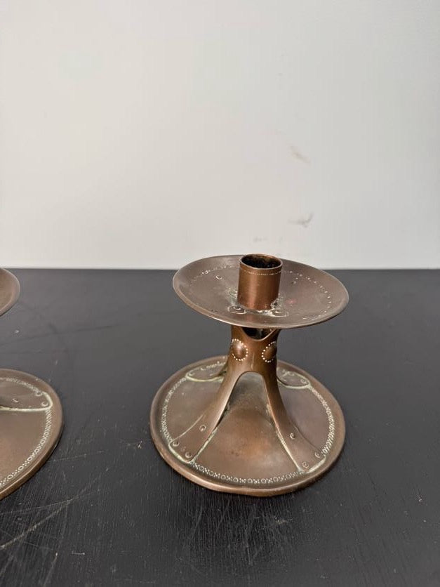 Pair English Arts and Crafts Copper Candle Holders
