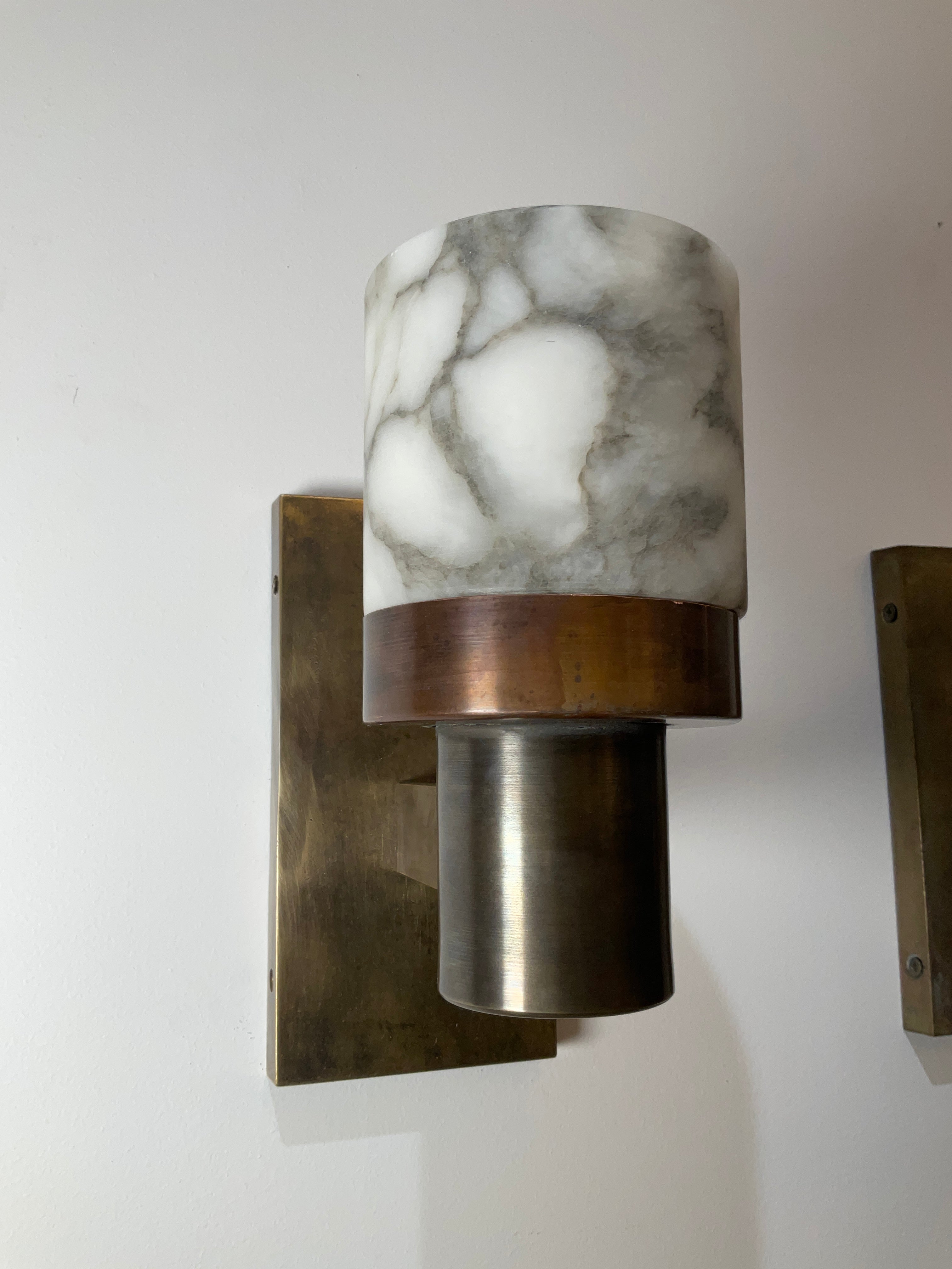 Pair Limited Edition Alabaster and Bronze Sconces