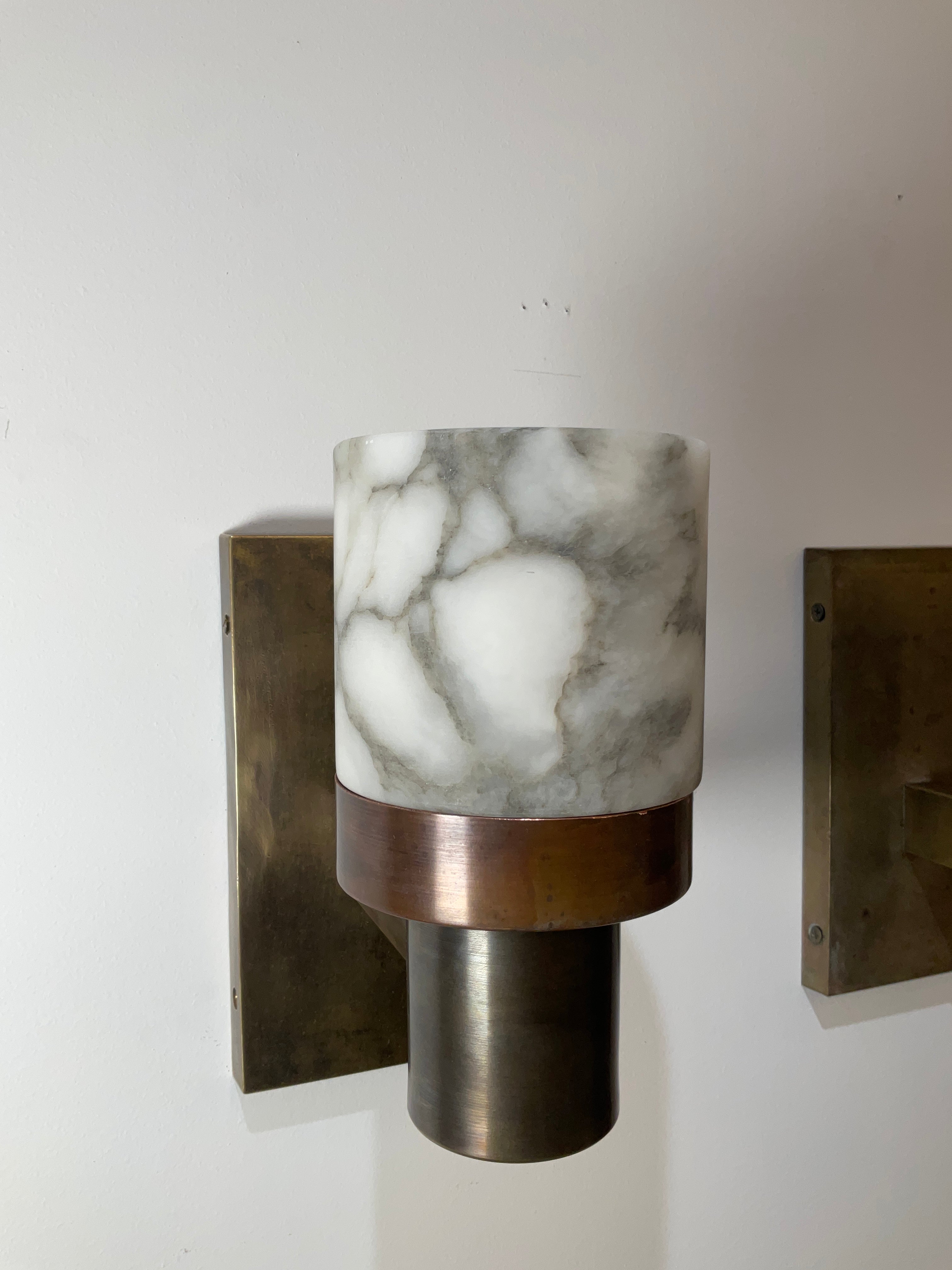 Pair Limited Edition Alabaster and Bronze Sconces