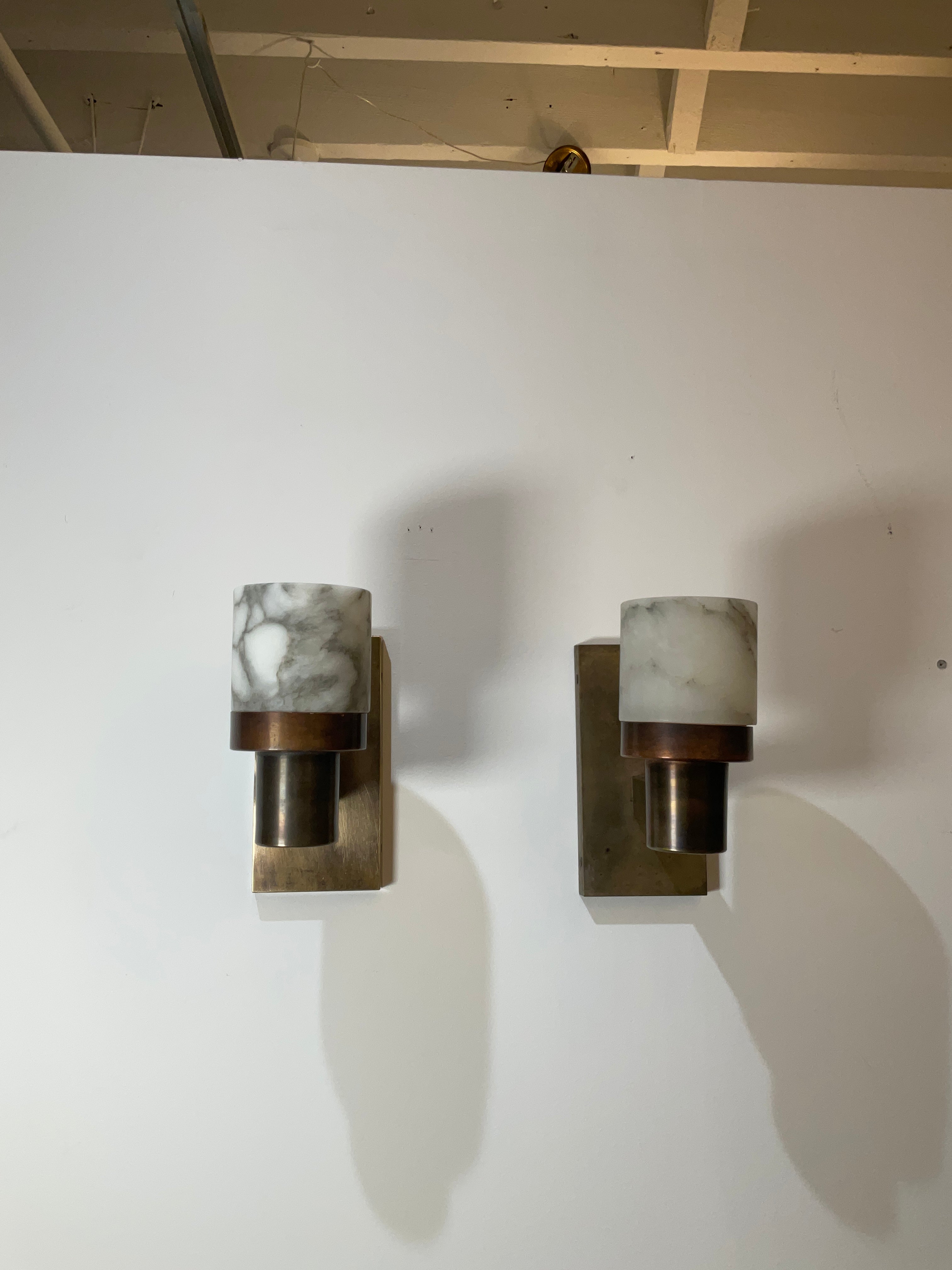 Pair Limited Edition Alabaster and Bronze Sconces