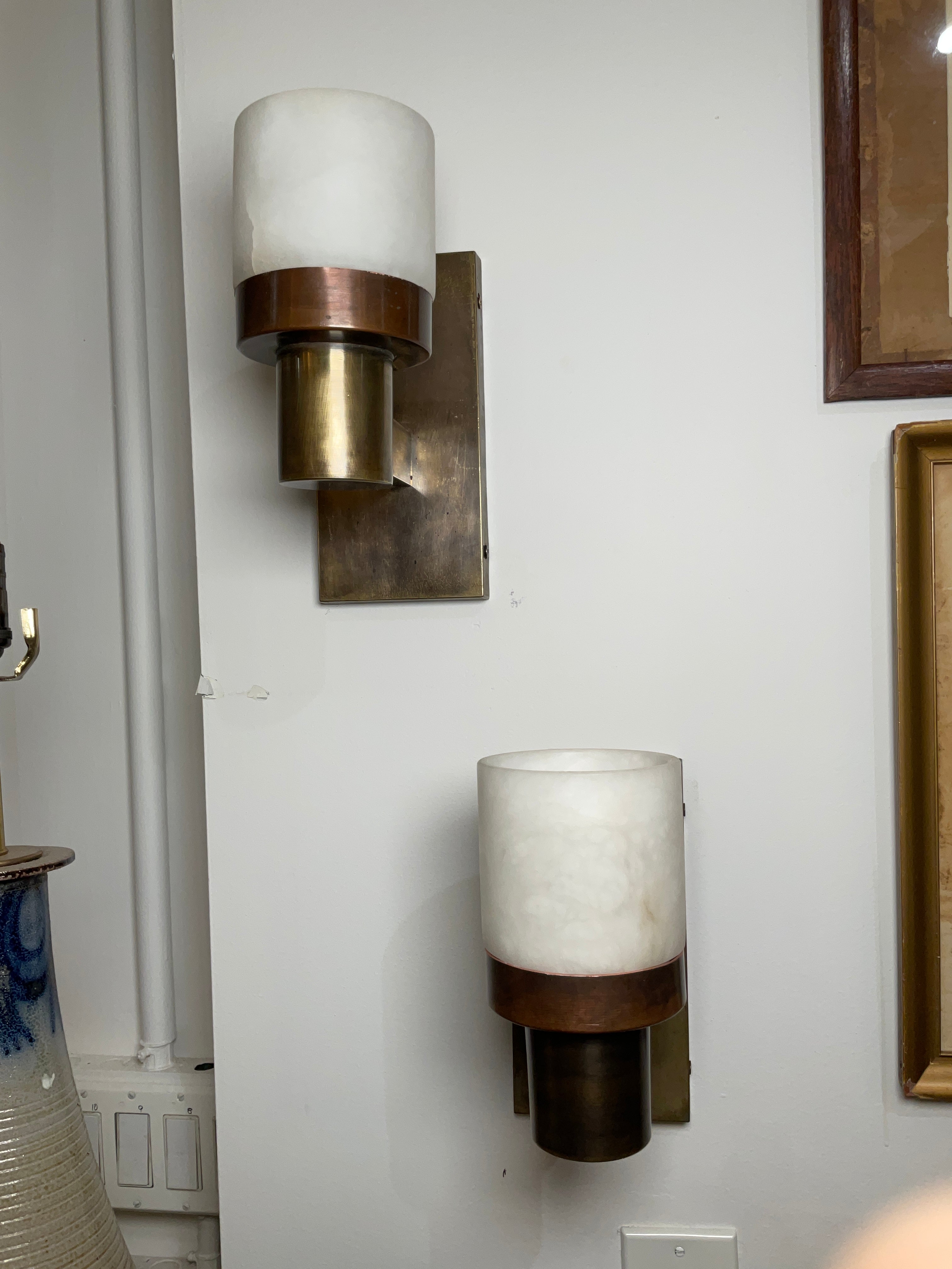 Pair Limited Edition Alabaster and Bronze Sconces